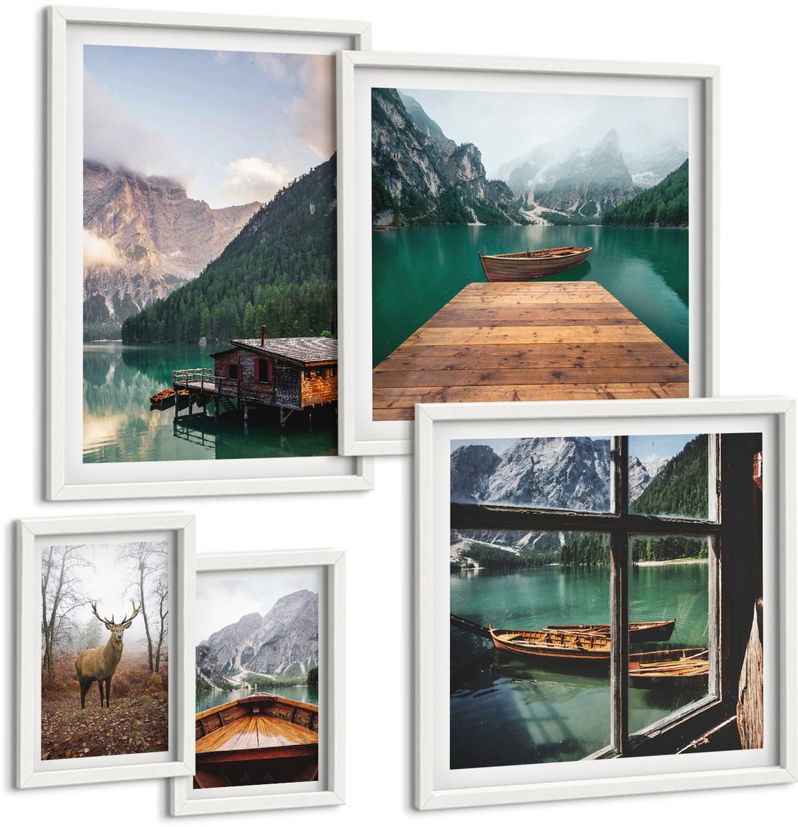 Tulup 4-Delige Schilderij Set - Berglandschappen met meren en wilde dieren - 50 x 50 cm, 20 x 30 cm en 40 x 60 cm - Moderne Wanddecoratie - Slaapkamer - Interieur Decoratie