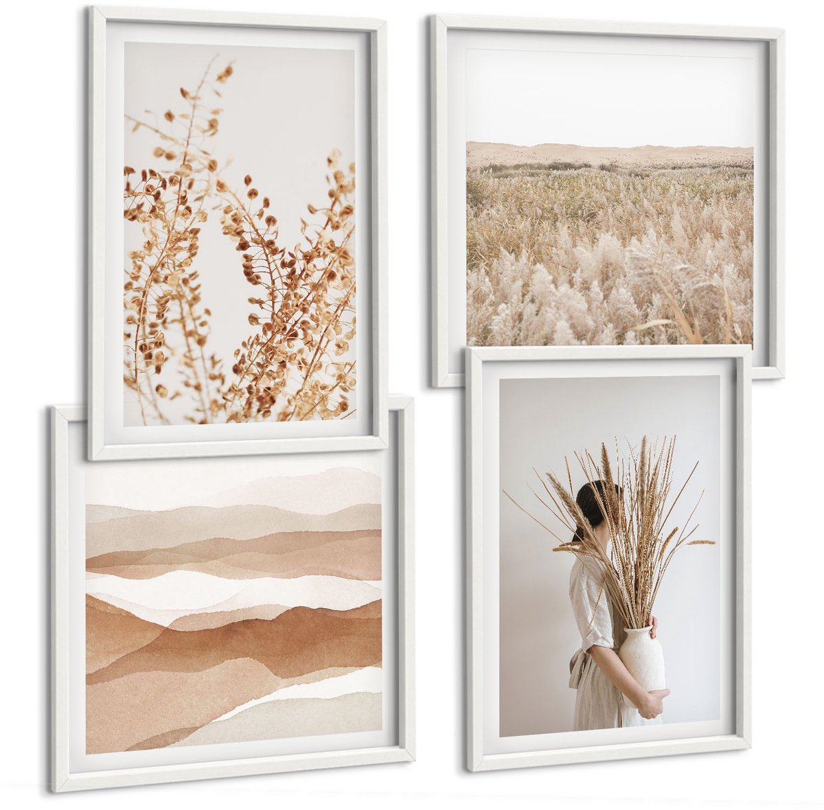 Tulup 4-Delige Schilderij Set - Abstracte plantmotieven in rustieke boho-stijl - 40x40 en 40x60 - Wanddecoratie - Schilderijen Set - Kantoor - Muurdecoratie