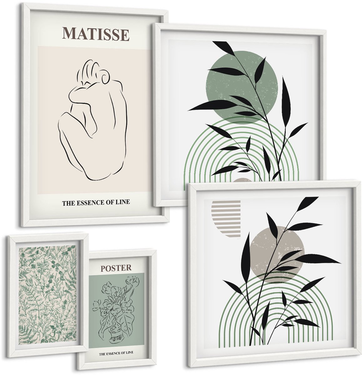 Tulup 4-Delige Schilderij Set - Stijlvolle afbeeldingen met plantmotieven en lijnen. - 50 x 50 cm, 20 x 30 cm en 40 x 60 cm - Wanddecoratie - Moderne Interieurdecoratie - Interieur Decoratie