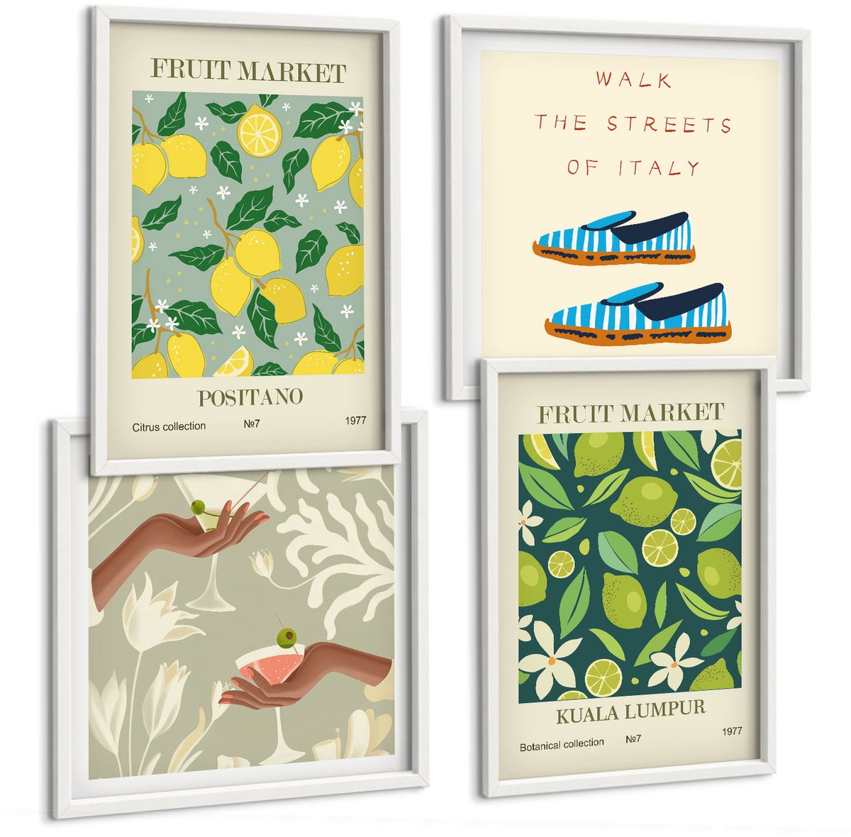 Tulup 4-Delige Schilderij Set - Fruitpatronen Italiaanse cultuurposters - 40x40 en 40x60 - Decoratieve Muurdecoratie - Slaapkamer - Interieur Decoratie