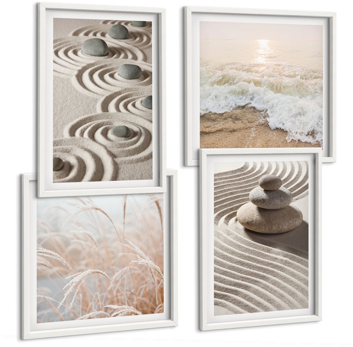 Tulup 4-Delige Schilderij Set - Rustig zand en kabbelend water met kiezels op het strand. - 40x40 en 40x60 - Wanddecoratie - Schilderijen Set - Interieur - Moderne Wanddecoratie