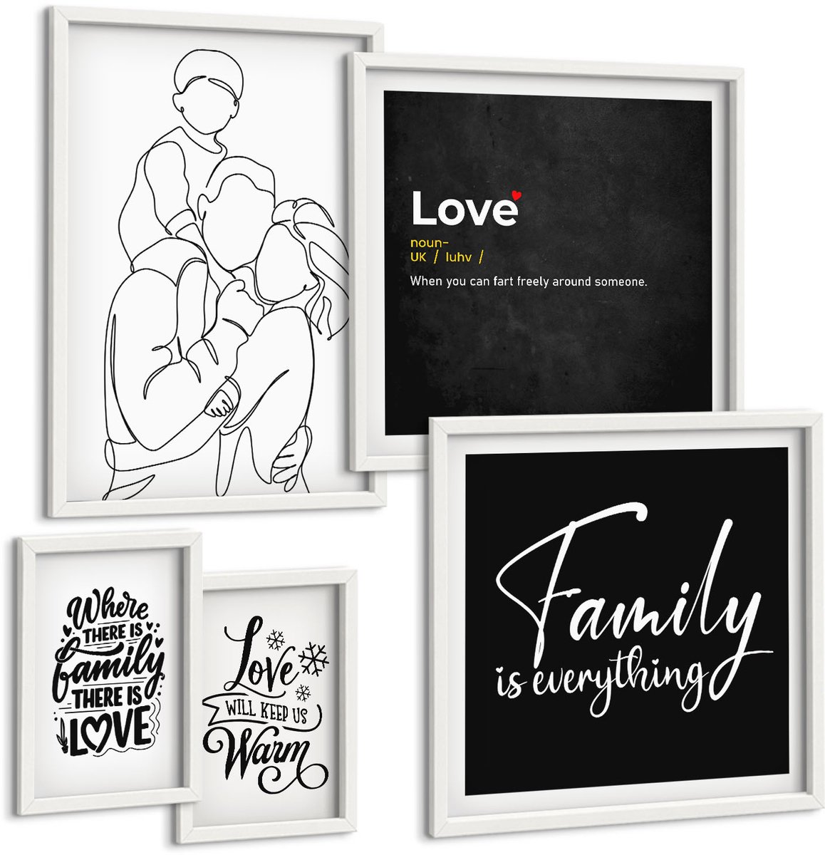 Tulup 4-Delige Schilderij Set - Familiewaarden van liefde en verbondenheid in een minimalistische stijl - 50 x 50 cm, 20 x 30 cm en 40 x 60 cm - Muurdecoratie - Decoratieve Schilderijen - Wohnzimmer - Interieur Decoratie