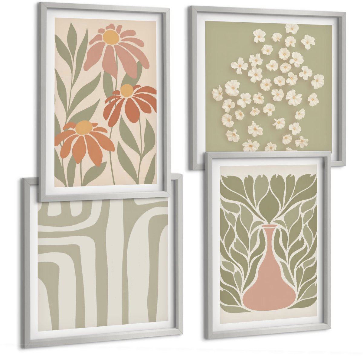 TULUP 4-Delige Schilderij Set - Bloemmotieven, minimalistische patronen, boho-stijl - 40 x 40 cm en 40 x 60 cm - Wanddecoratie - Muurdecoratie - Moderne Interieurdecoratie - Woonkamer Decoratie Zilveren lijst