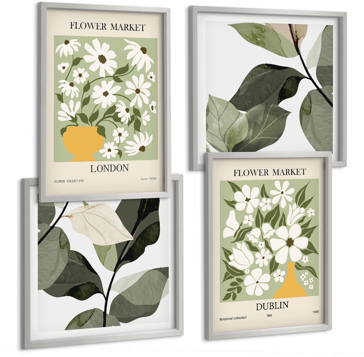 TULUP 4-Delige Schilderij Set - Bloemmotieven Londen en Dublin Delicate bladeren - 40 x 40 cm en 40 x 60 cm - Wanddecoratie - Muurdecoratie - Moderne Interieurdecoratie Zilveren lijst
