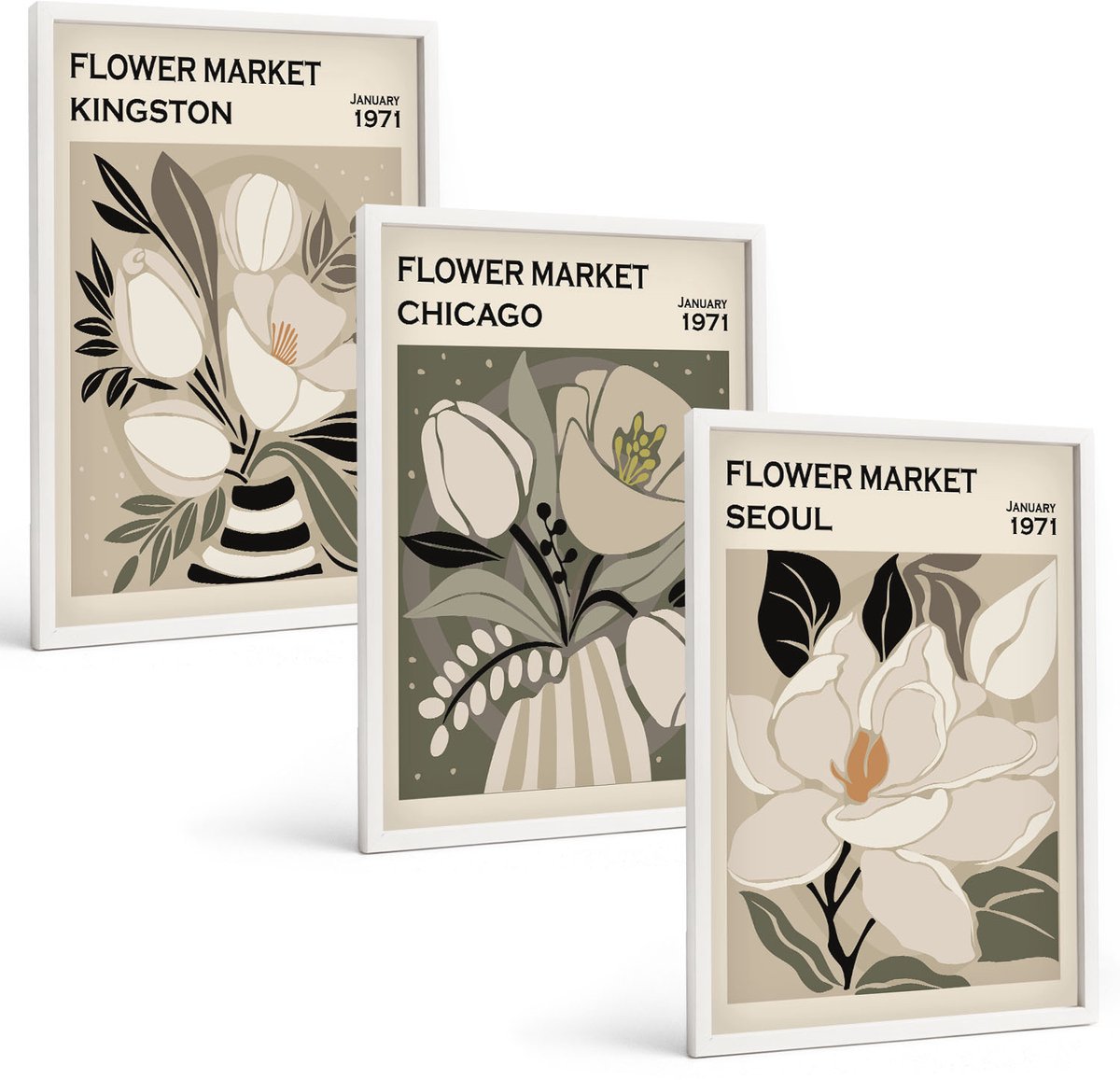 Tulup 3-Delige Schilderij Set - Bloemen van de markten van Kingston, Chicago en Seoul in een retrostijl. - 40x60 - Wanddecoratie - Muurdecoratie - Moderne Interieurdecoratie