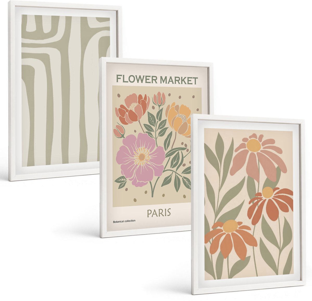 Tulup 3-Delige Schilderij Set - Poster met botanische motieven, Parijse minimalistische stijl - 40x60 - Wanddecoratie - Schilderijen Set - Kantoor - Woonkamer Decoratie