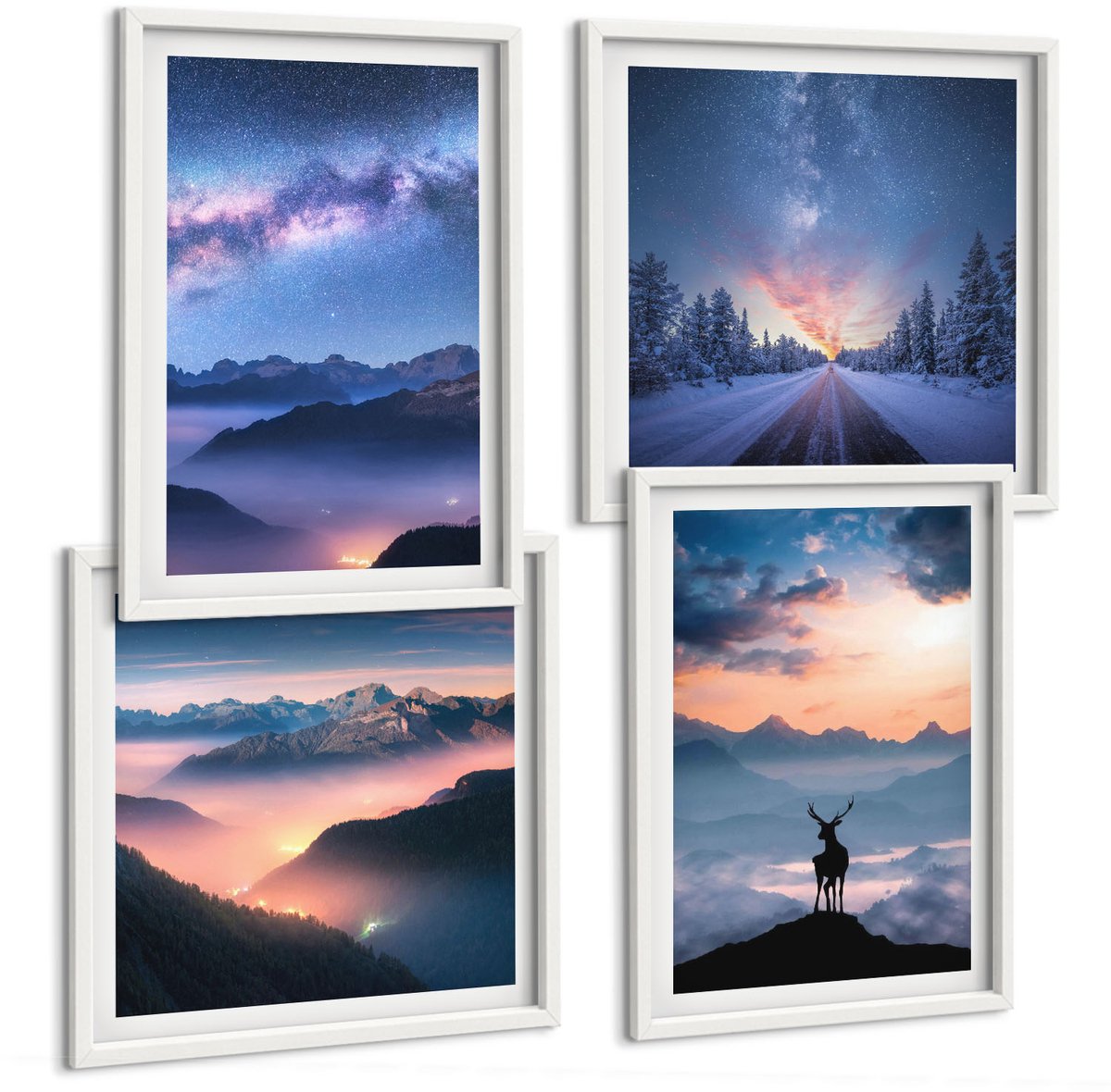Tulup 4-Delige Schilderij Set - Nachtelijke hemel, berglandschappen in de mist en herten - 40x40 en 40x60 - Muurdecoratie - Decoratieve Schilderijen - Wohnzimmer