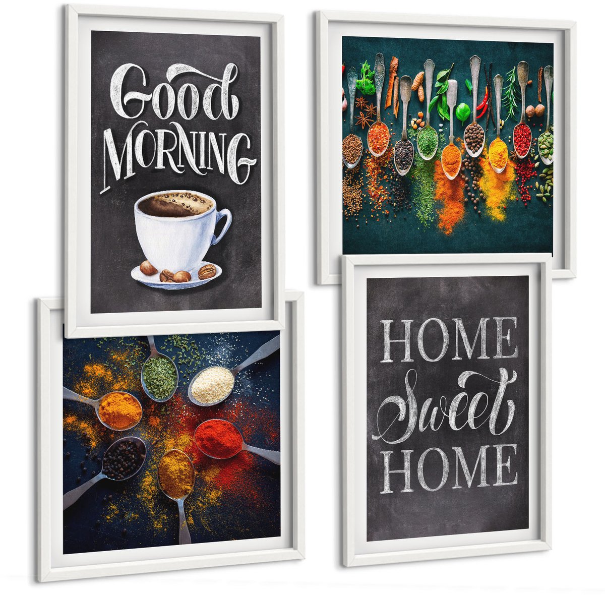 Tulup 4-Delige Schilderij Set - Kruidenkoffie met een kopje, keukenkruiden, specerijen - 40x40 en 40x60 - Wanddecoratie - Moderne Interieurdecoratie