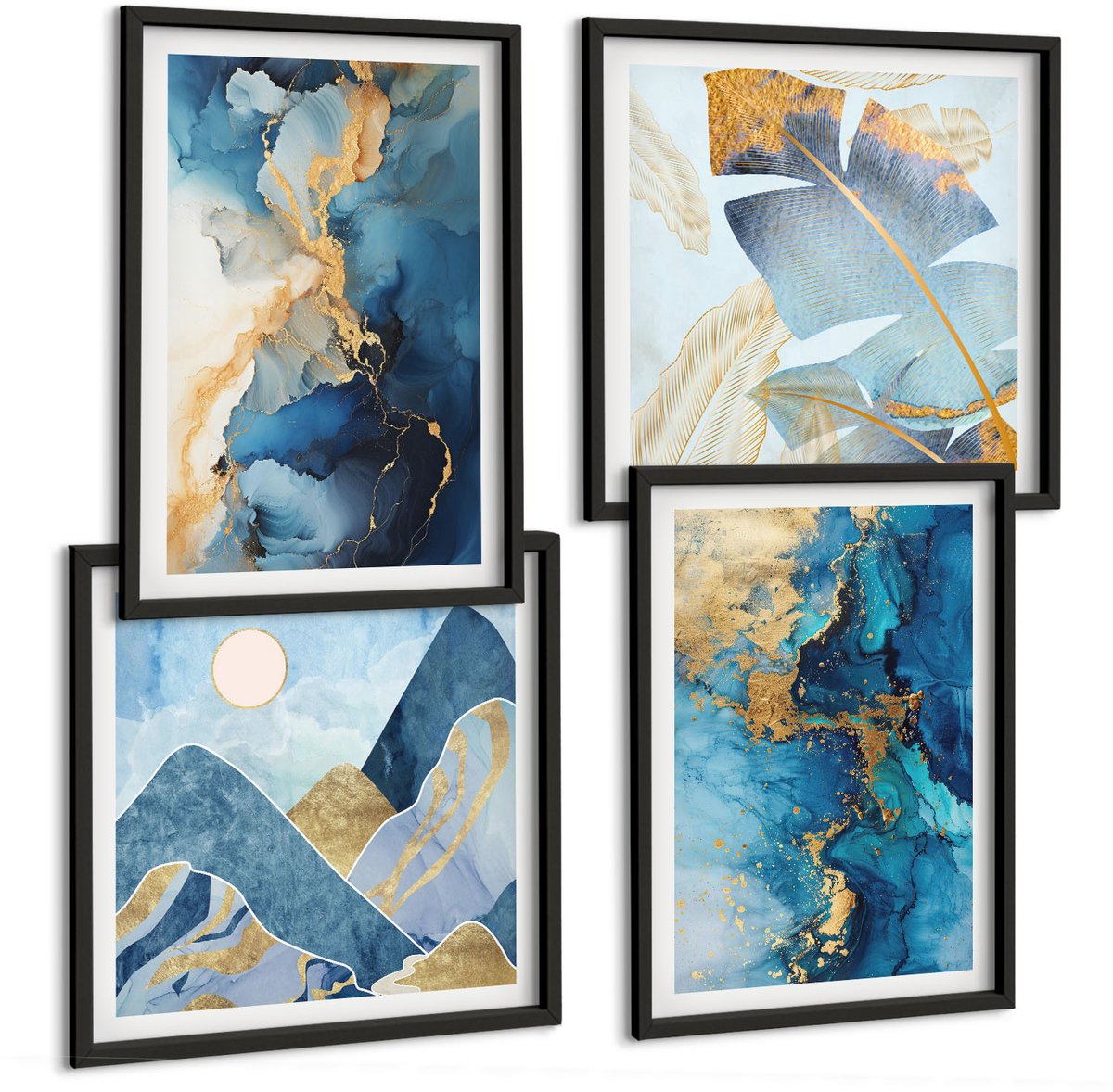 Tulup 4-Delige Schilderij Set - Abstracte patronen van de Blauwe Bergen - 40 x 40 cm en 40 x 60 cm - Schilderijen Set - Wanddecoratie - Woonkamer - Interieur Decoratie