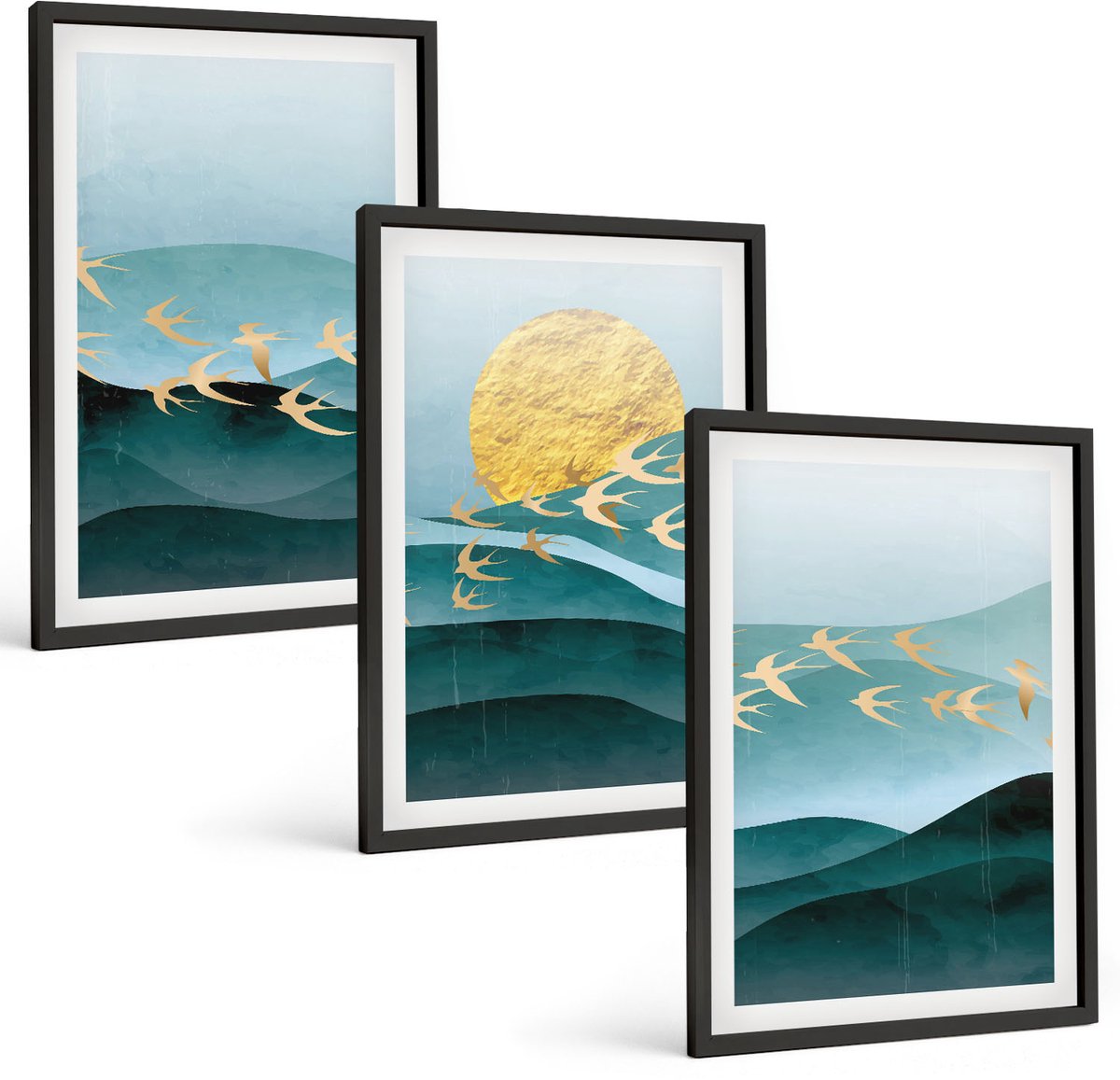Tulup 4-Delige Schilderij Set - Abstracte landschappen met zonnestralen en vliegende vogels - 40 x 60 cm - Decoratieve Schilderijen - Wanddecoratie - Hal - Stijlvolle Muurdecoratie