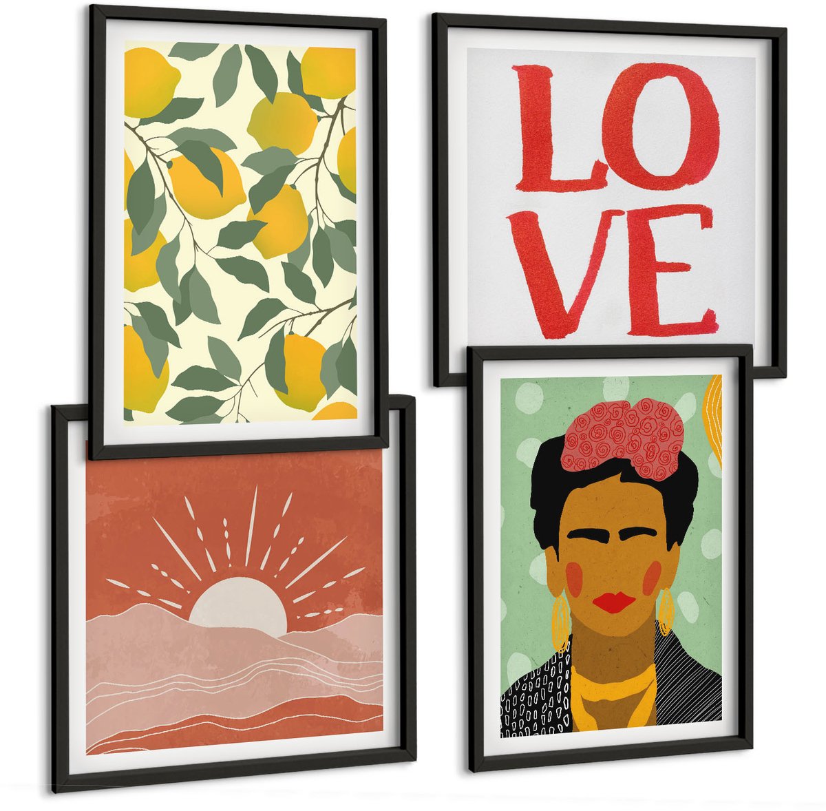 Tulup 4-Delige Schilderij Set - Citroenen Liefde Inscriptie Landschap Portret van Frida Kahlo - 40 x 40 cm en 40 x 60 cm - Muurdecoratie - Wanddecoratie - Slaapkamer - Woonkamer Decoratie