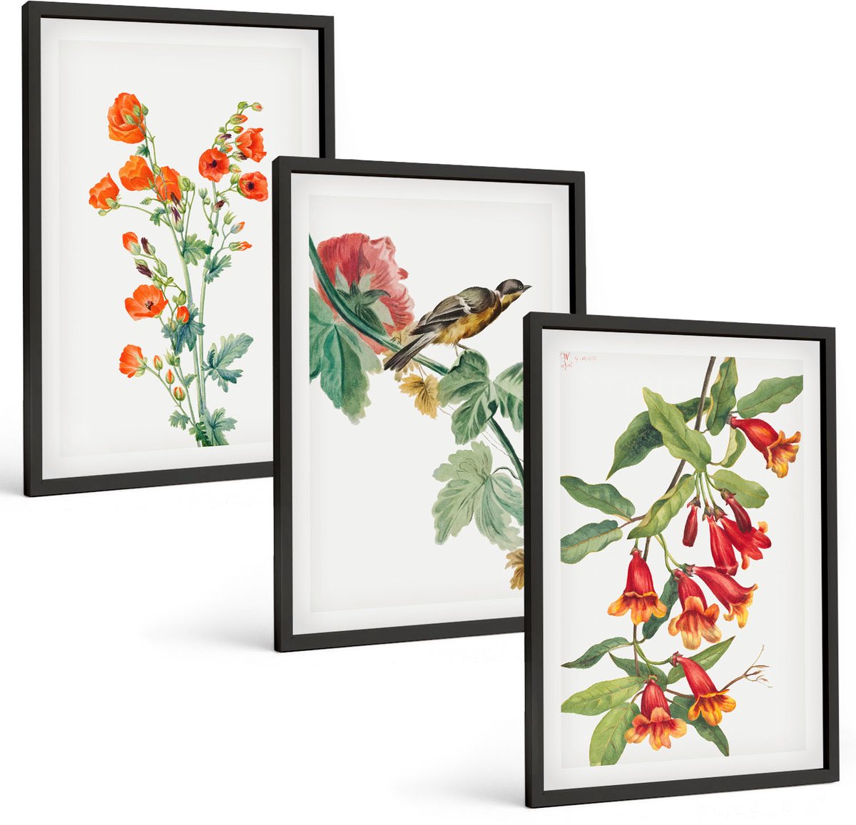 Tulup 4-Delige Schilderij Set - Geschilderde retro bloemen en een vogel op een tak - 40 x 60 cm - Stijlvolle Muurdecoratie - Slaapkamer - Woonkamer Decoratie