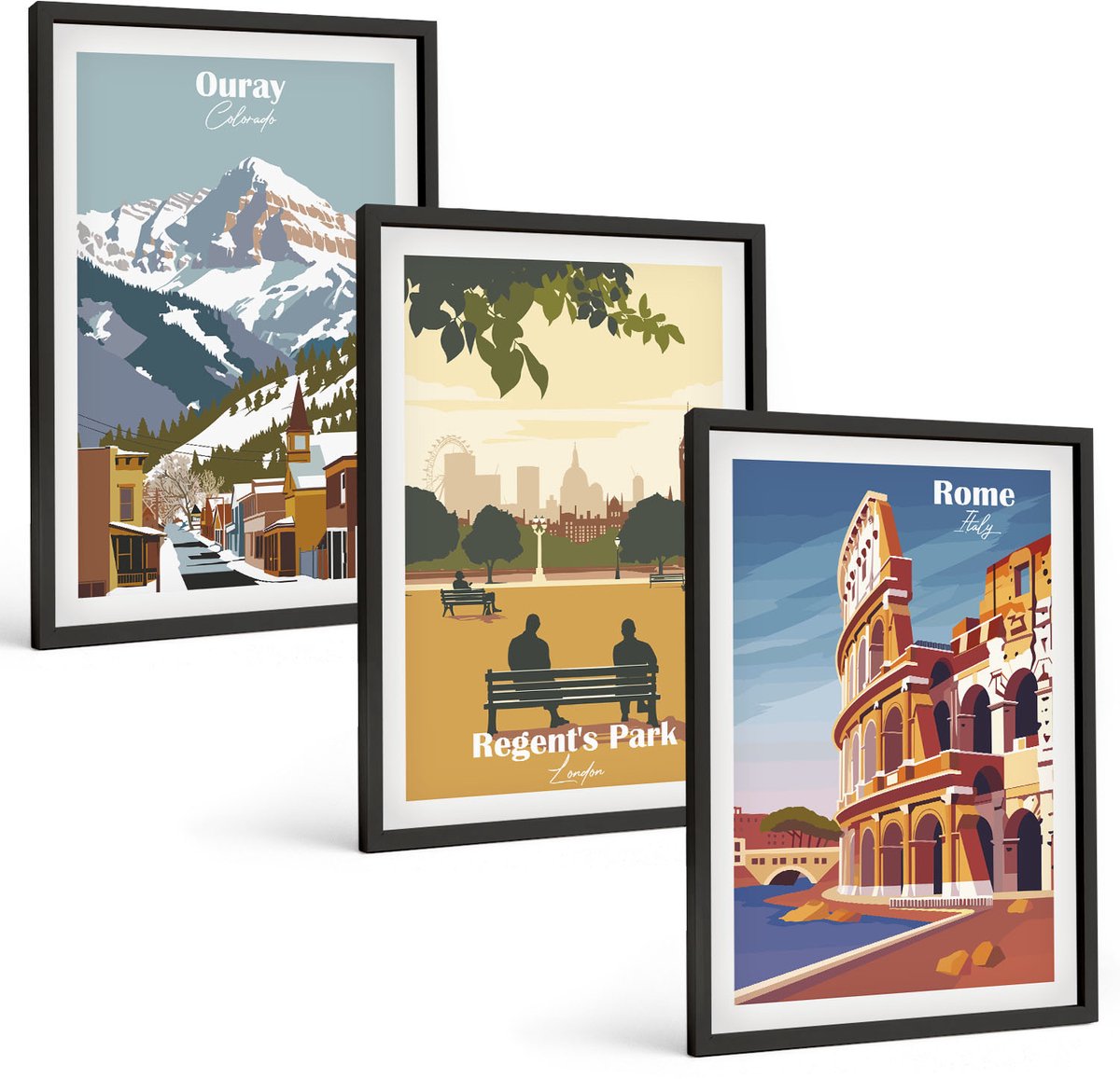 Tulup 4-Delige Schilderij Set - Bergen in Ouray Park in Londen, Colosseum in Rome - 40 x 60 cm - Moderne Wanddecoratie - Woonkamer - Interieur Decoratie