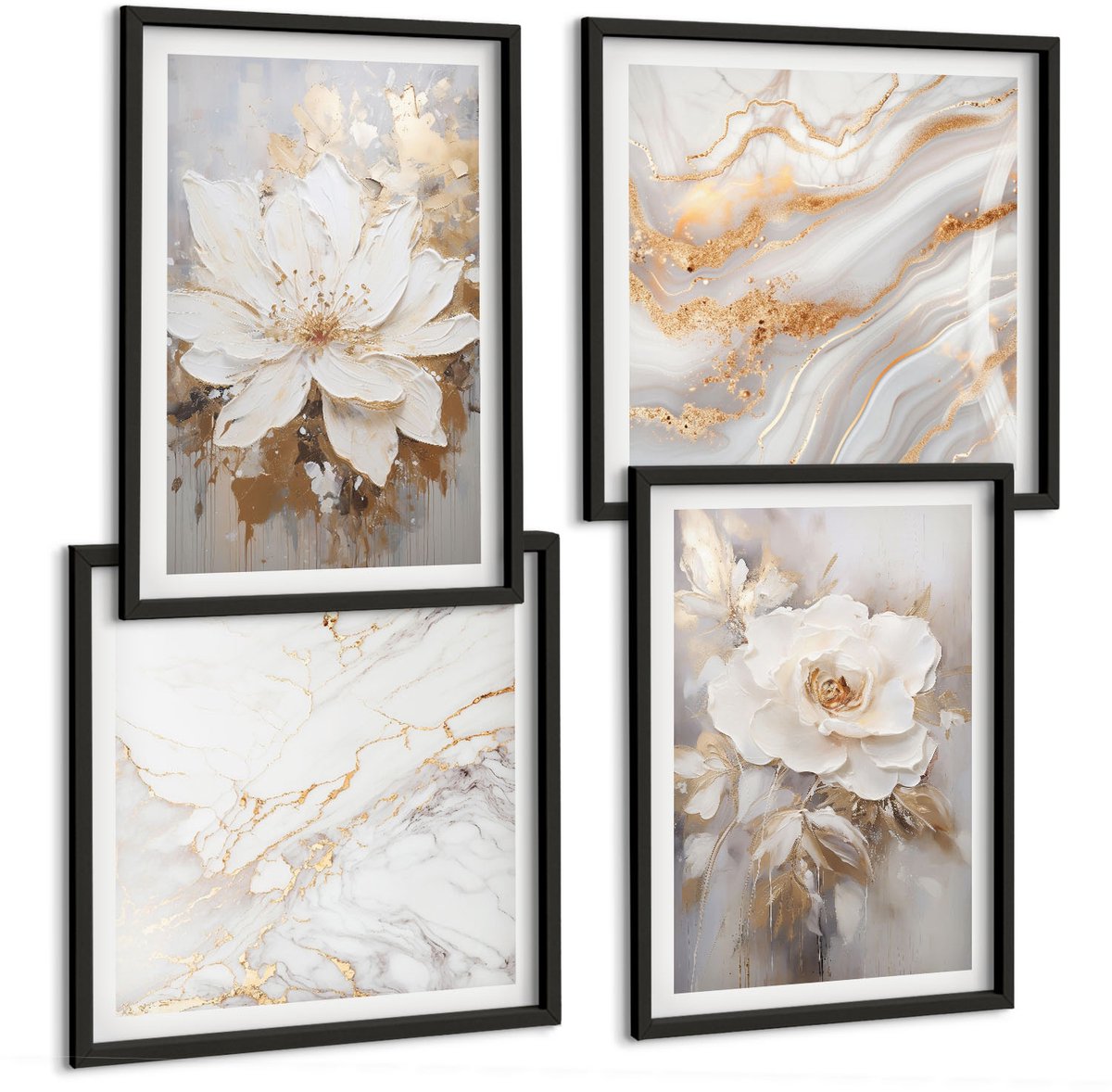 Tulup 4-Delige Schilderij Set - Bloemen en abstract marmerpatroon - 40 x 40 cm en 40 x 60 cm - Schilderijen Set - Wanddecoratie - Woonkamer - Decoratieve Schilderijen