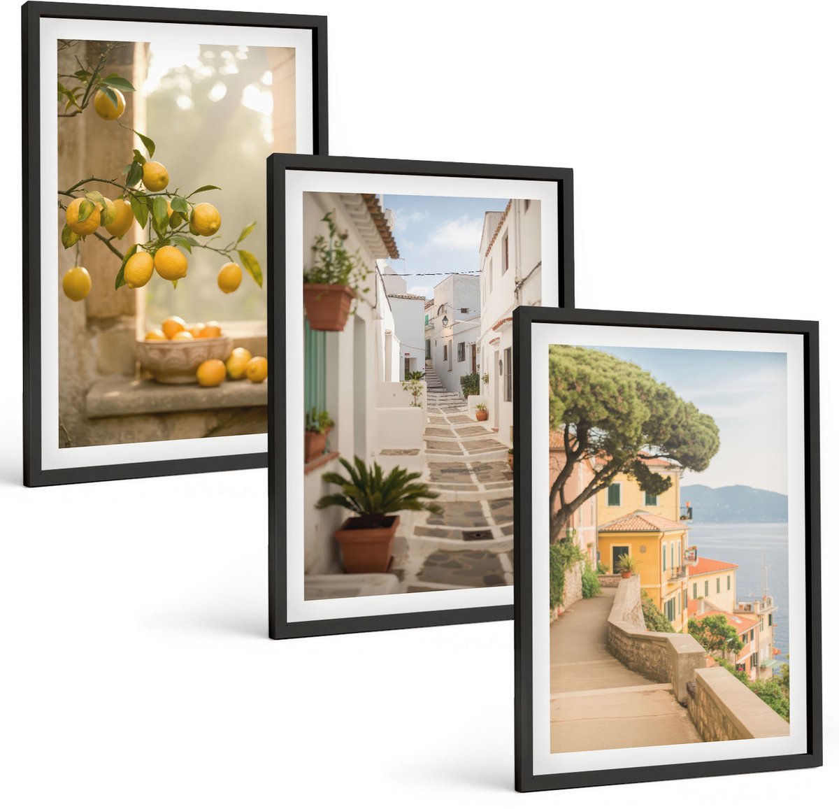 Tulup 4-Delige Schilderij Set - Uitzicht op citrusbomen vanuit het raam en architectuur aan zee. - 40 x 60 cm - Decoratieve Schilderijen - Wanddecoratie - Hal - Interieur Decoratie