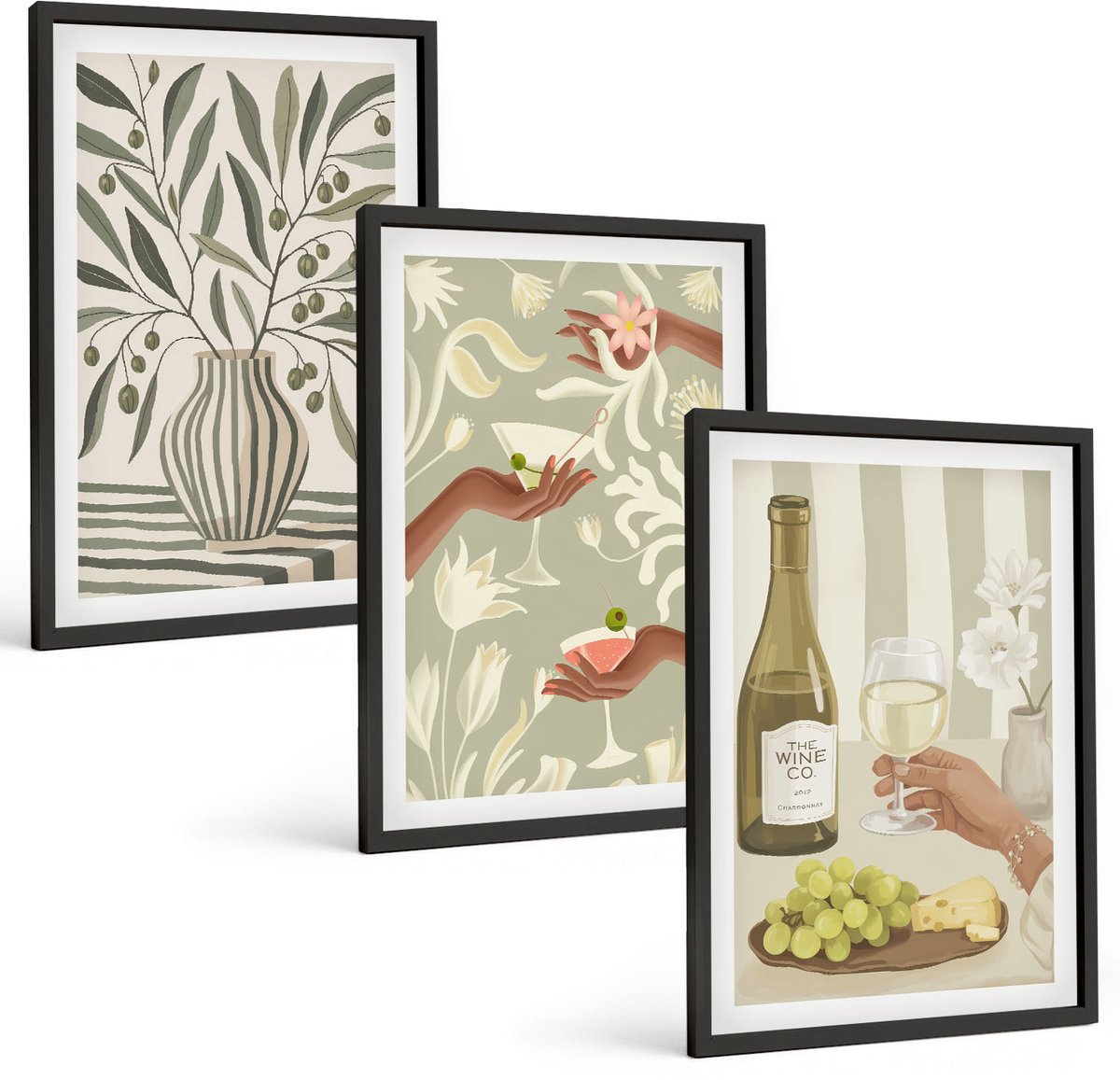 Tulup 4-Delige Schilderij Set - Olijfbloemen en rustieke cocktails - 40 x 60 cm - Wanddecoratie - Muurdecoratie - Moderne Interieurdecoratie - Woonkamer Decoratie