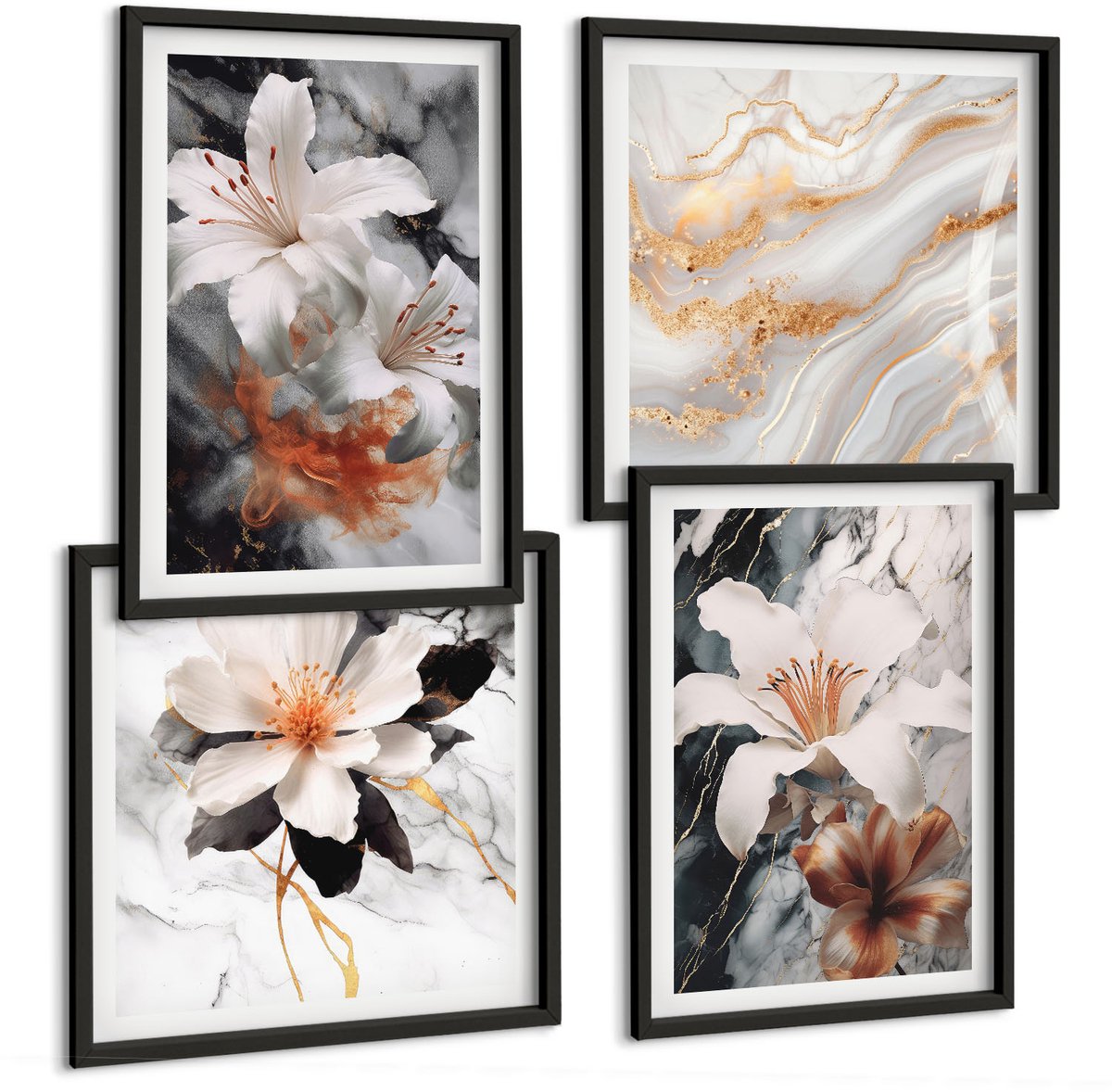 Tulup 4-Delige Schilderij Set - Bloemen op een marmeren achtergrond in wit- en zwarttinten. - 40 x 40 cm en 40 x 60 cm - Moderne Wanddecoratie - Woonkamer