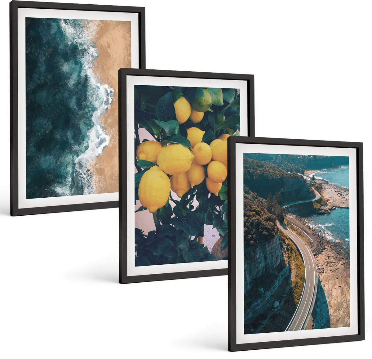 Tulup 4-Delige Schilderij Set - Zeestrand Citroenen Berglandschap Kustweg - 40 x 60 cm - Wanddecoratie - Schilderijen Set - Interieur - Decoratieve Schilderijen