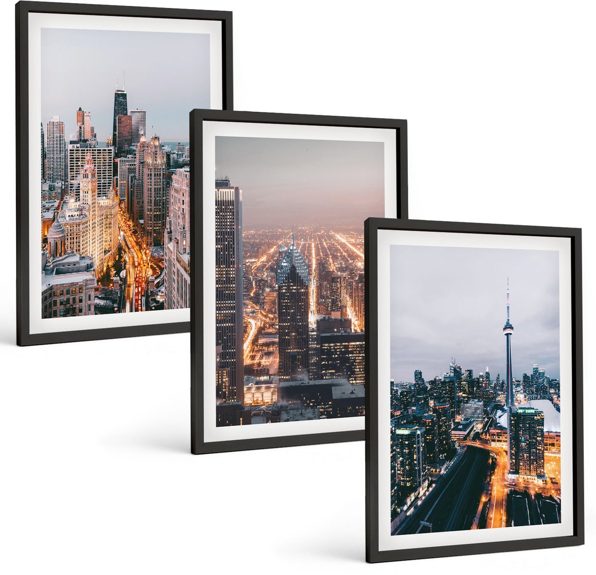 Tulup 4-Delige Schilderij Set - Stadsgezichten 's nachts met wolkenkrabbers en verlichting - 40 x 60 cm - Muurdecoratie - Interieur Decoratie