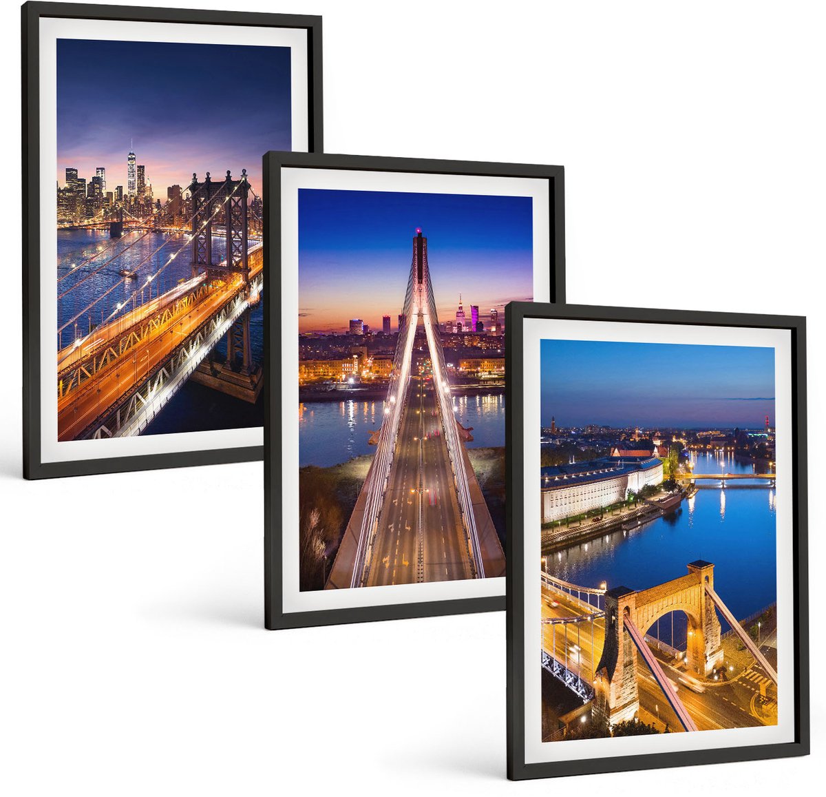 Tulup 4-Delige Schilderij Set - Stadsgezichten 's nachts met bruggen en rivieren - 40 x 60 cm - Wanddecoratie - Woonkamer Decoratie