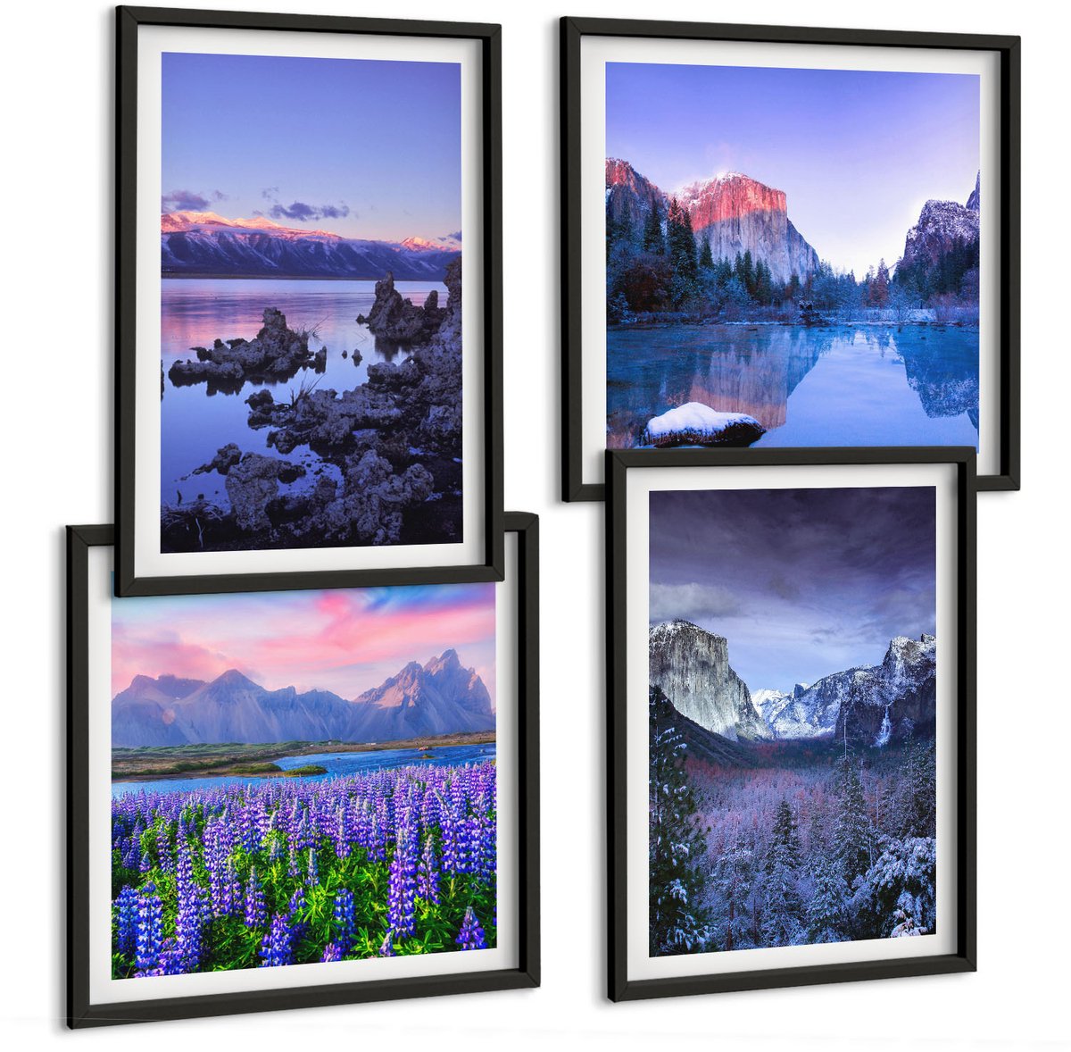 Tulup 4-Delige Schilderij Set - Berglandschappen met water, lucht en bloemenvelden - 40 x 40 cm en 40 x 60 cm - Stijlvolle Wanddecoratie - Interieur - Moderne Wanddecoratie