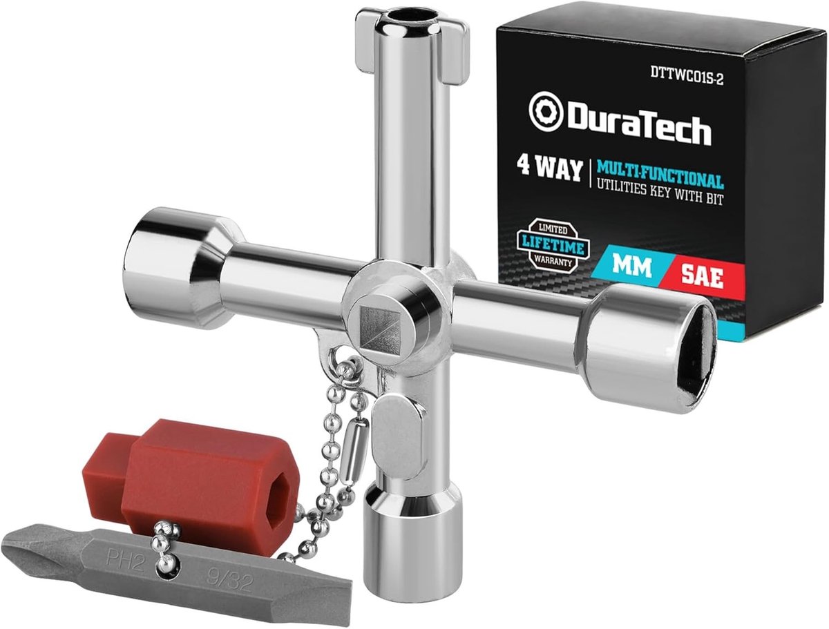 Buitenkraan sleutel - Zilver - 71 x 71 x 14 mm - Multifunctionele zinklegering met bit - Voor meterkast en nutsvoorzieningen