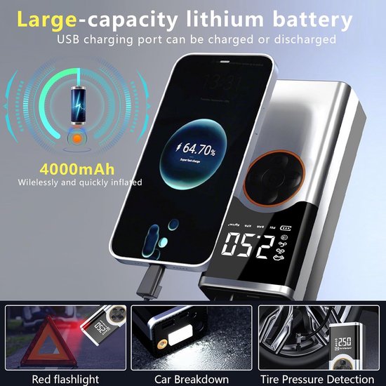 Draagbare luchtcompressor, 150psi inflator ruedas auto, compressor luchtauto, 4000 mAh Fanner Wheels Car met oplaadbare batterij en autoled licht, fietsen, motorfiets van Merkloos — afbeelding 4