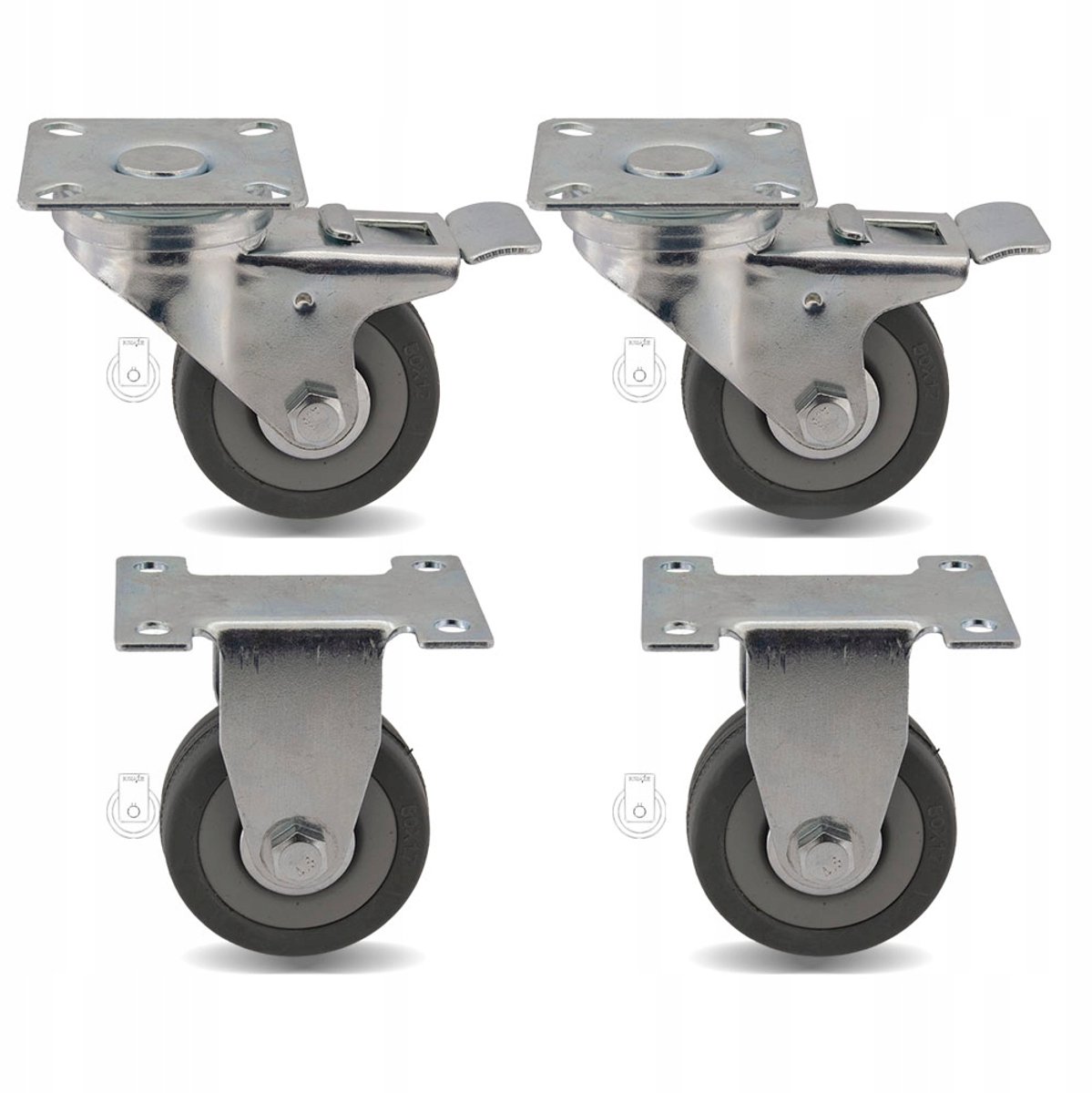 4x Zwenkwielen Ø50mm PP/Rubber met Plaat - 150kg per wiel