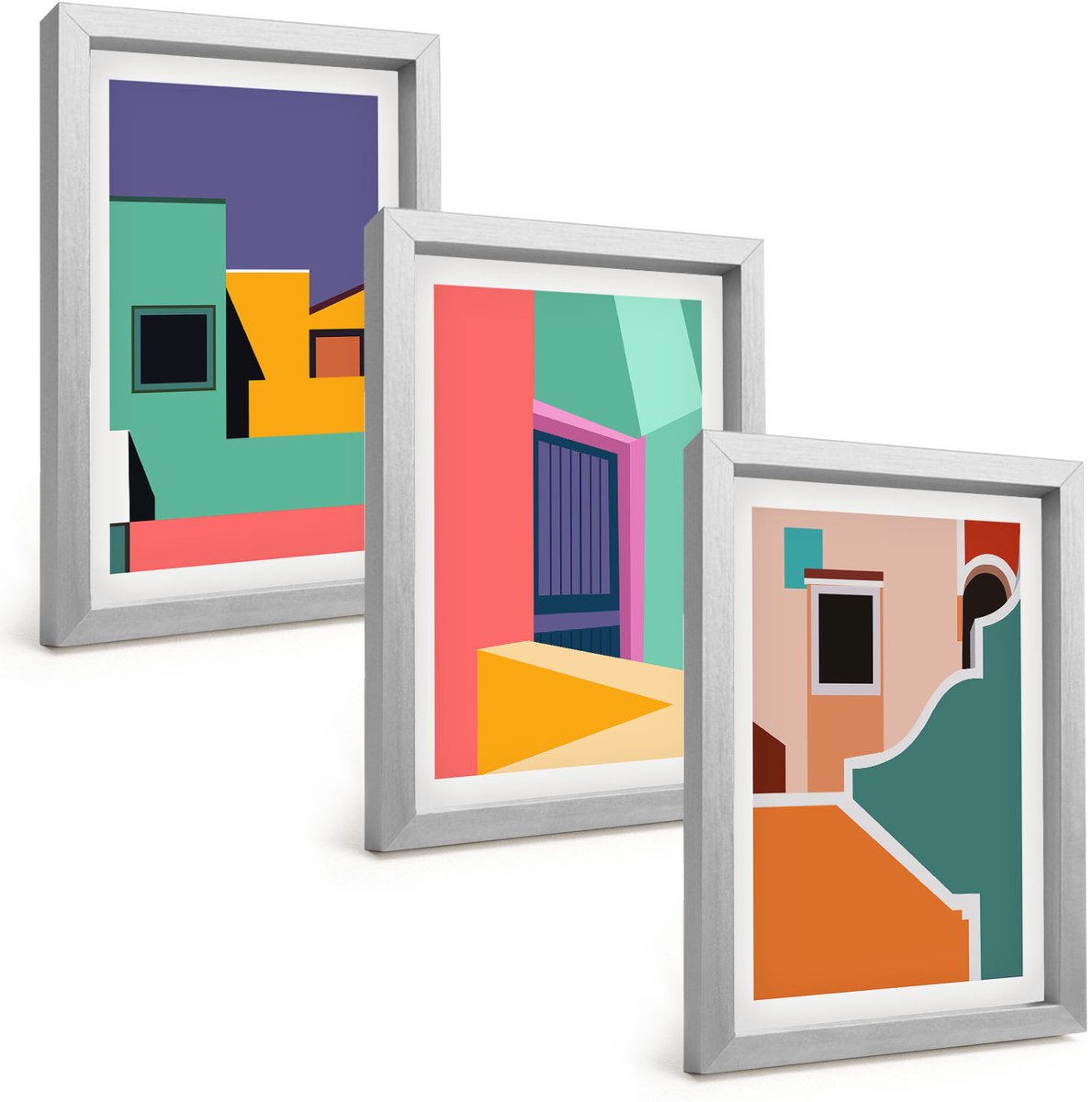 TULUP 4-Delige Schilderij Set - Kleurrijke stadsgezichten in een moderne stijl. - 20 x 30 cm - Decoratieve Muurdecoratie - Slaapkamer - Stijlvolle Muurdecoratie Zilveren lijst