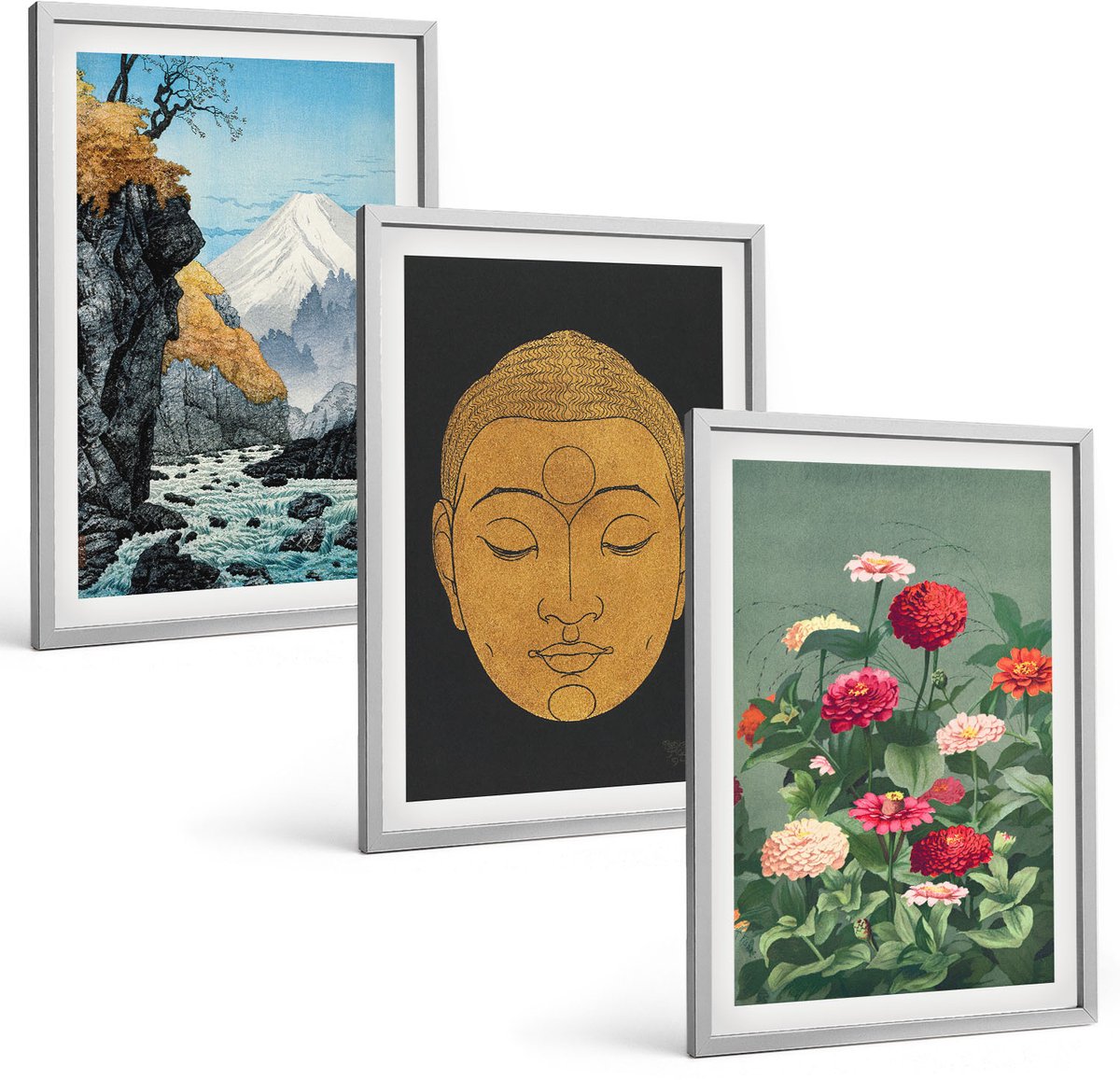 TULUP 4-Delige Schilderij Set - Japanse natuur en cultuur in Japandi-stijl - 40 x 60 cm - Muurdecoratie - Schilderijen Set - Woonkamer - Interieur Decoratie Zilveren lijst