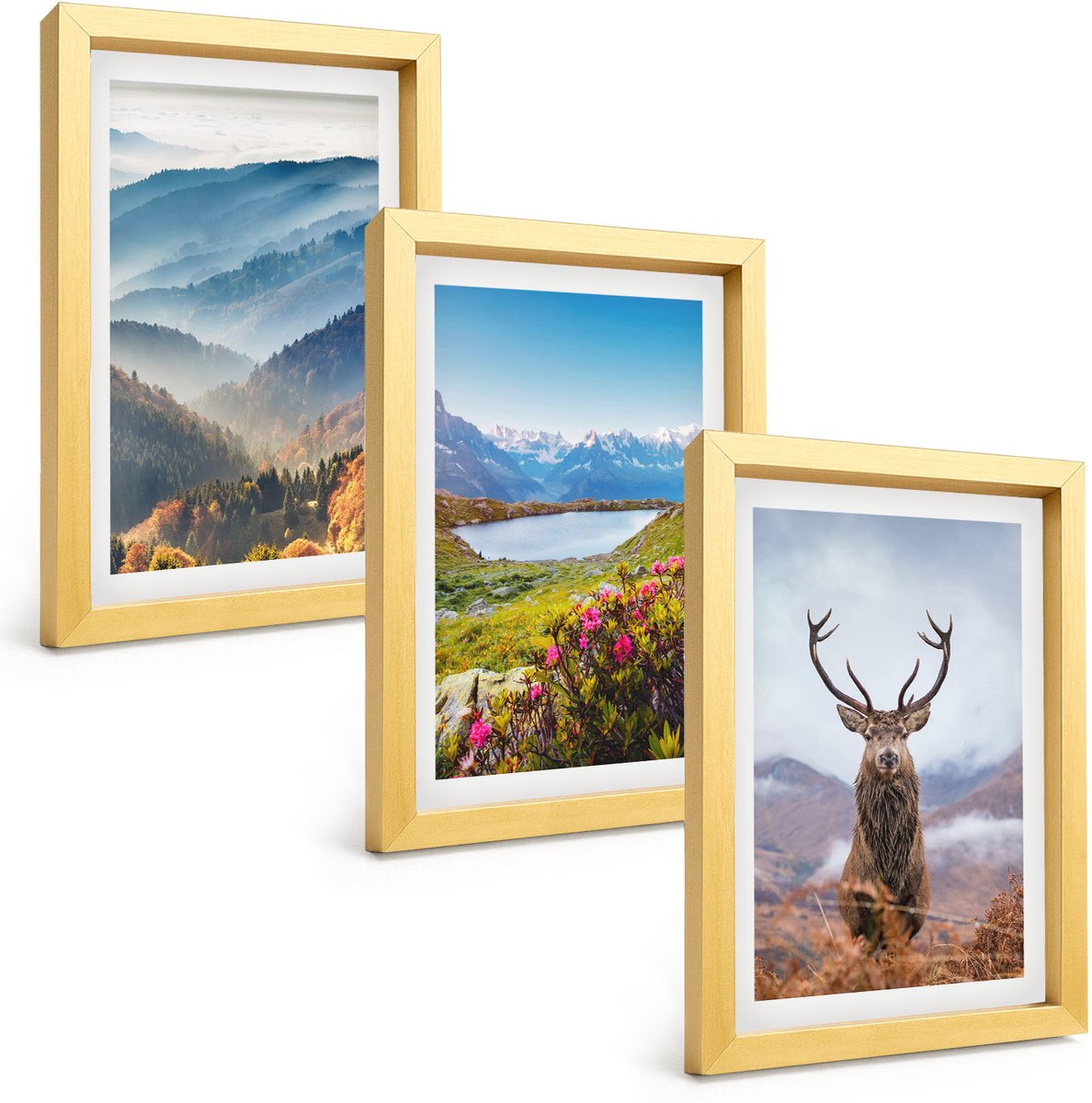 TULUP 4-Delige Schilderij Set - Berglandschappen met meer en herten in de natuur - 20 x 30 cm - Stijlvolle Muurdecoratie - Slaapkamer - Moderne Wanddecoratie Gouden lijst
