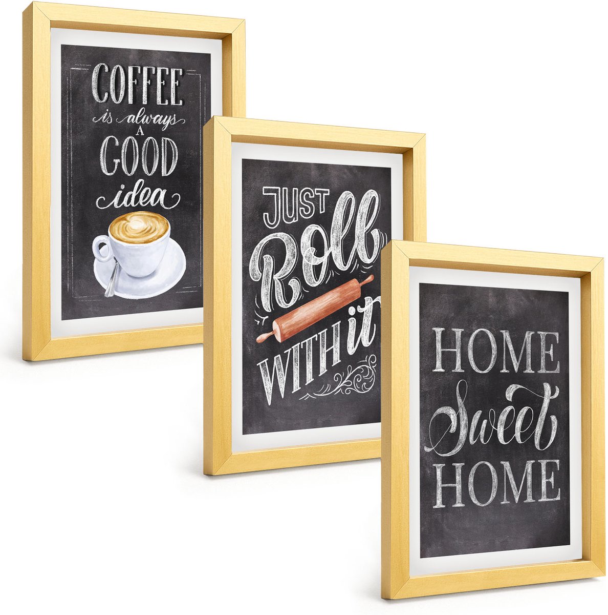 TULUP 4-Delige Schilderij Set - Koffieroller voor thuis: warmte en gezelligheid - 20 x 30 cm - Moderne Wanddecoratie - Slaapkamer - Muurdecoratie Gouden lijst