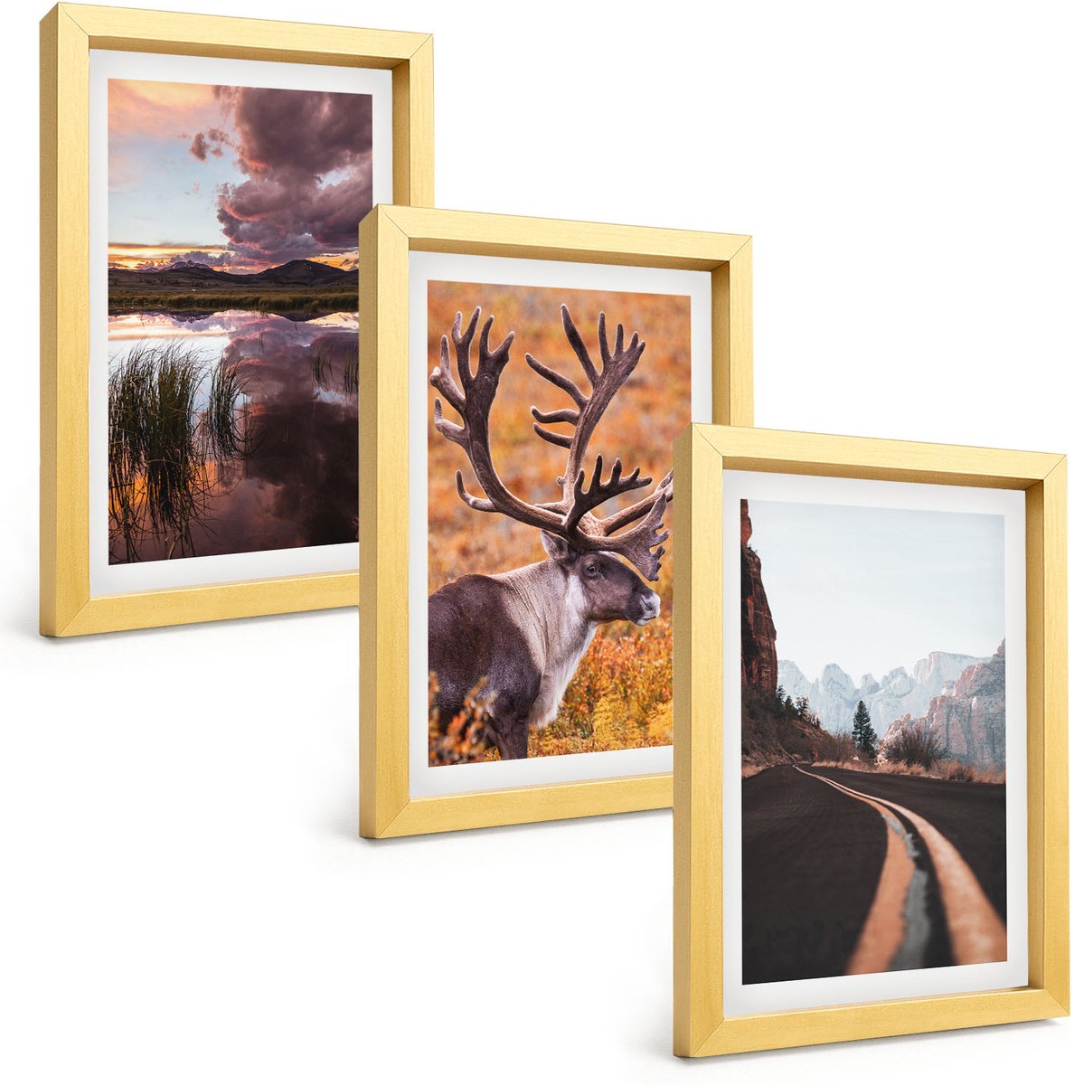 TULUP 4-Delige Schilderij Set - Berglandschappen met rendieren en een weg in de natuur - 20 x 30 cm - Muurdecoratie - Schilderijen Set - Woonkamer - Interieur Decoratie Gouden lijst