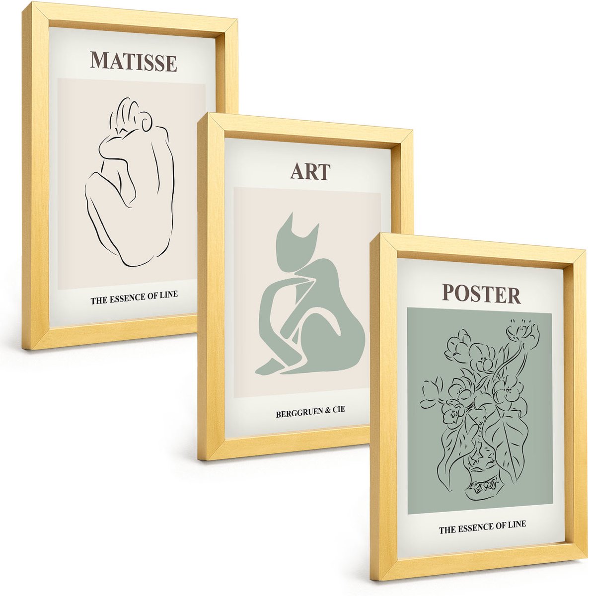 TULUP 4-Delige Schilderij Set - Posters in beige- en groentinten van Henri Matisse - 20 x 30 cm - Stijlvolle Muurdecoratie - Slaapkamer Gouden lijst