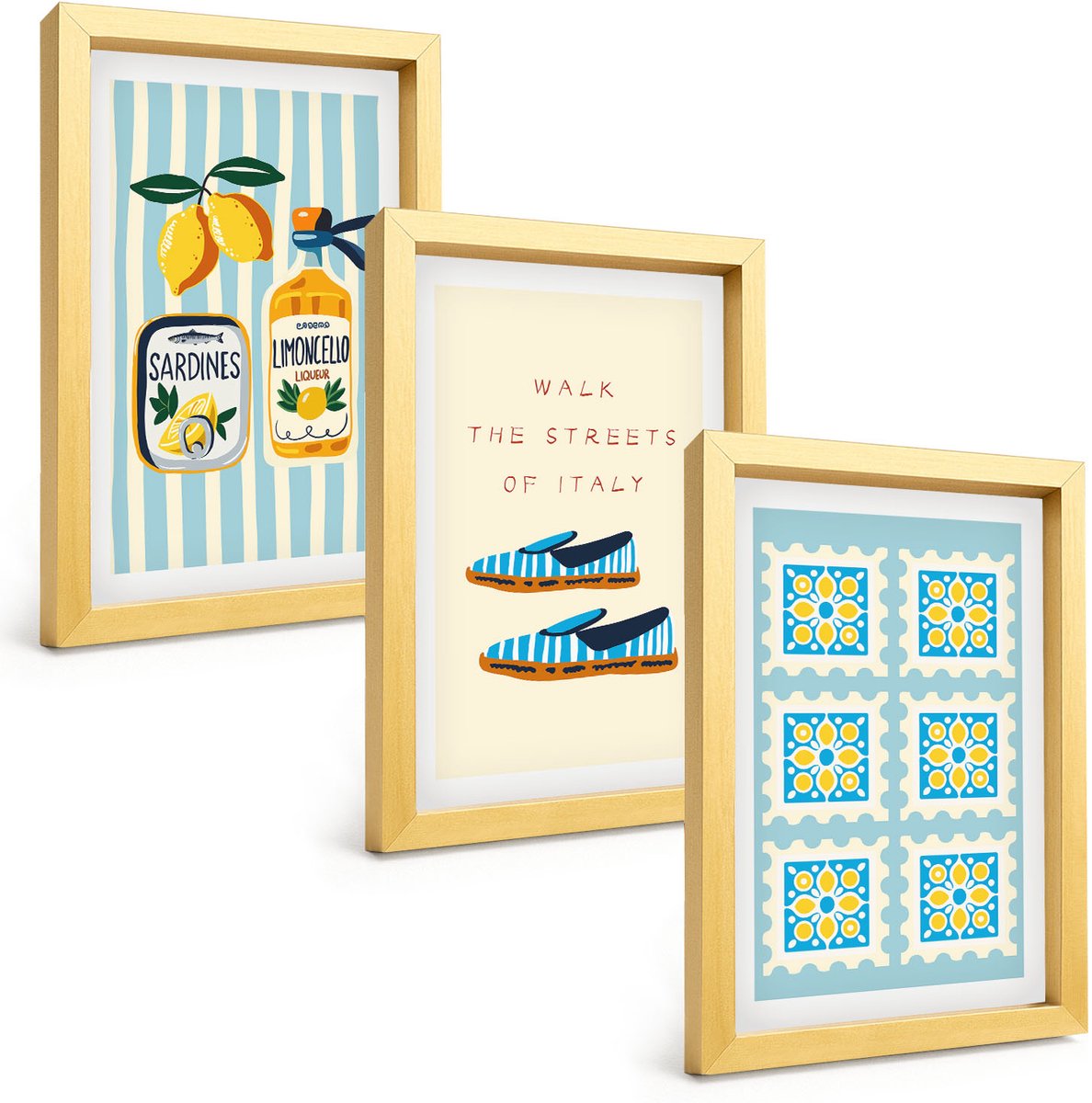 TULUP 4-Delige Schilderij Set - Fruitpatronen en elementen van de Italiaanse cultuur - 20 x 30 cm - Decoratieve Schilderijen - Woonkamer - Interieur - Woonkamer Decoratie Gouden lijst