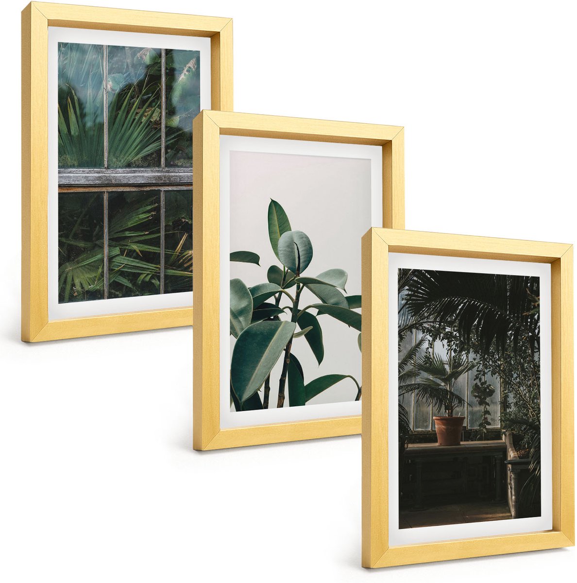 TULUP 4-Delige Schilderij Set - Groene bladeren op het raam en planten in het interieur. - 20 x 30 cm - Wanddecoratie - Muurdecoratie - Moderne Interieurdecoratie Gouden lijst