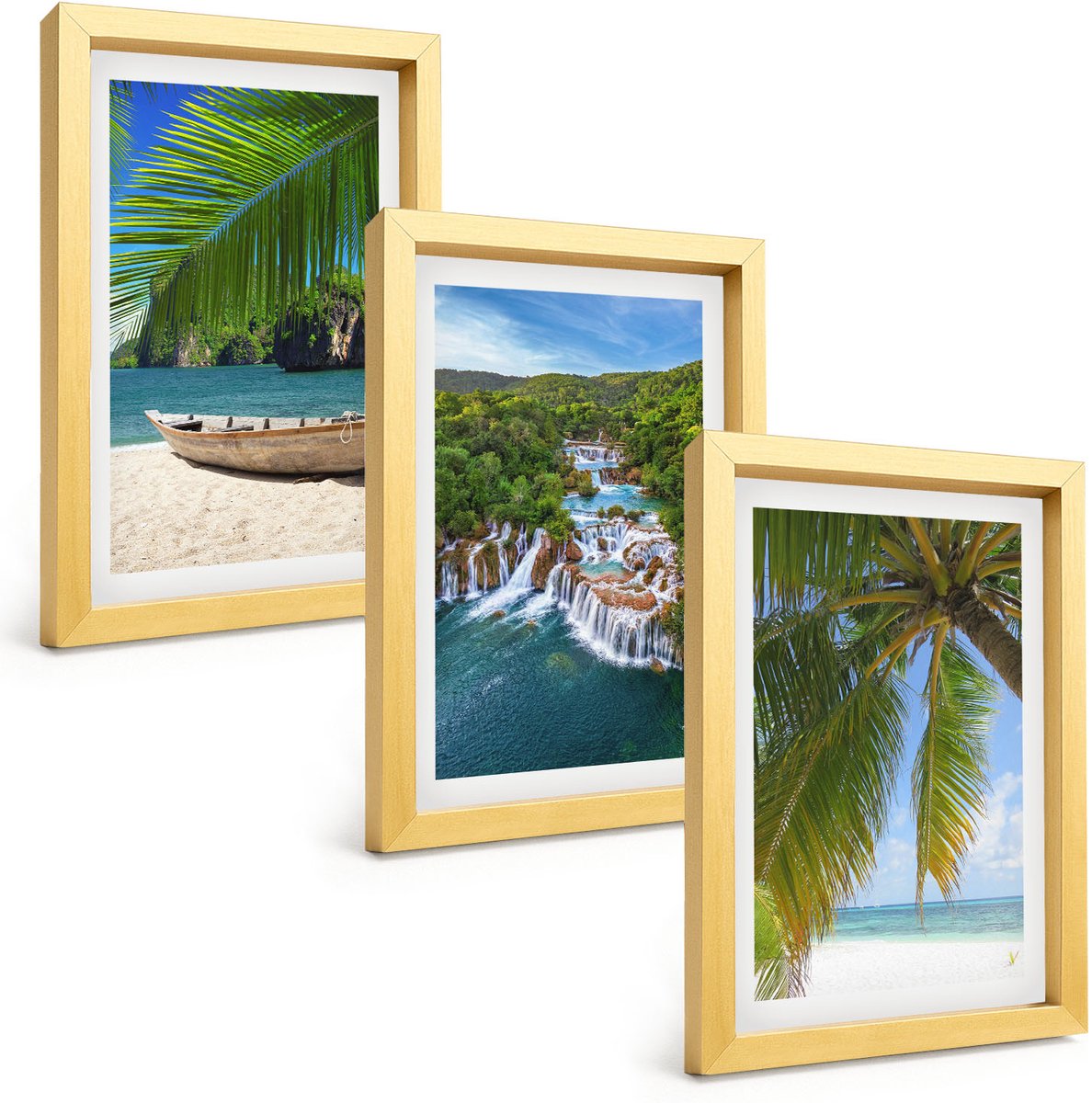 TULUP 4-Delige Schilderij Set - Strand met boten, watervallen en palmbomen in de tropen - 20 x 30 cm - Stijlvolle Wanddecoratie - Interieur - Woonkamer Decoratie Gouden lijst