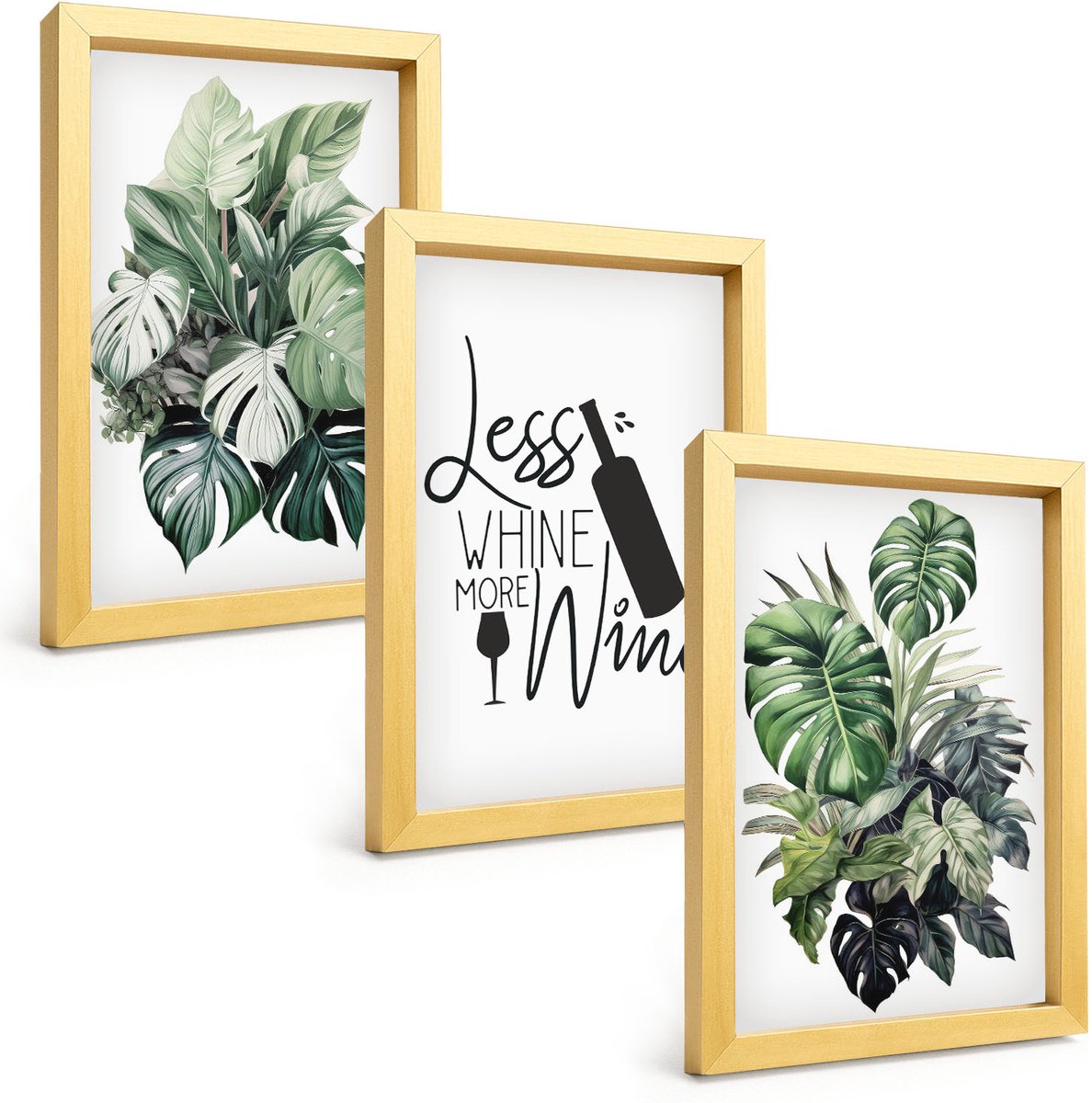 TULUP 4-Delige Schilderij Set - Groene plantenbladeren met het opschrift "wijn". - 20 x 30 cm - Decoratieve Schilderijen - Woonkamer - Interieur - Moderne Wanddecoratie Gouden lijst