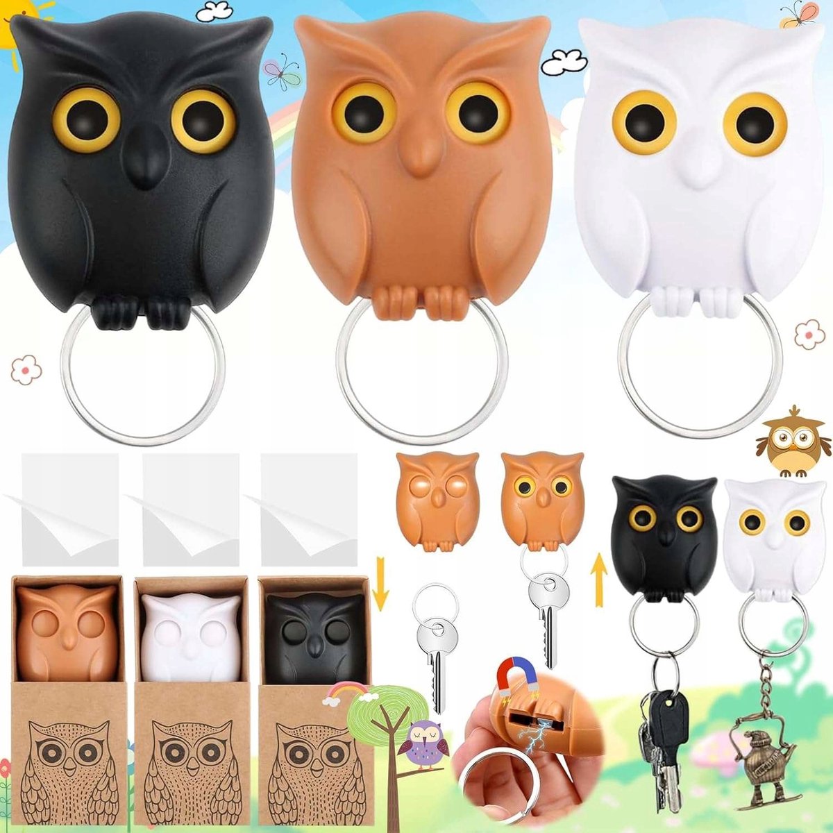 3x Magneet Sleutelhanger Uil met Oogjes - Wandmontage
