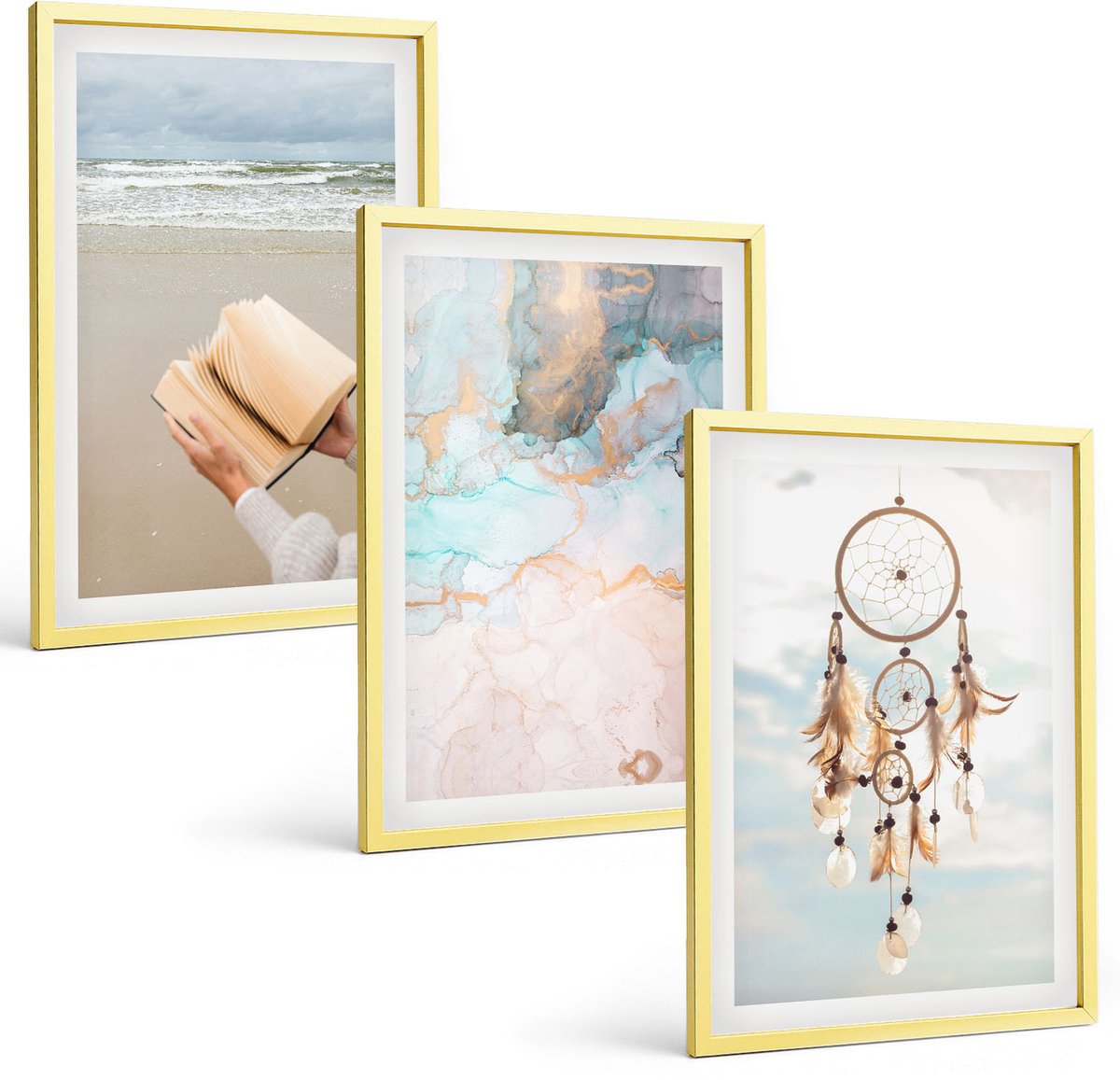 TULUP 4-Delige Schilderij Set - Abstracte zee, leesboek en boho dromenvanger - 40 x 60 cm - Muurdecoratie - Decoratieve Schilderijen - Wohnzimmer Gouden lijst