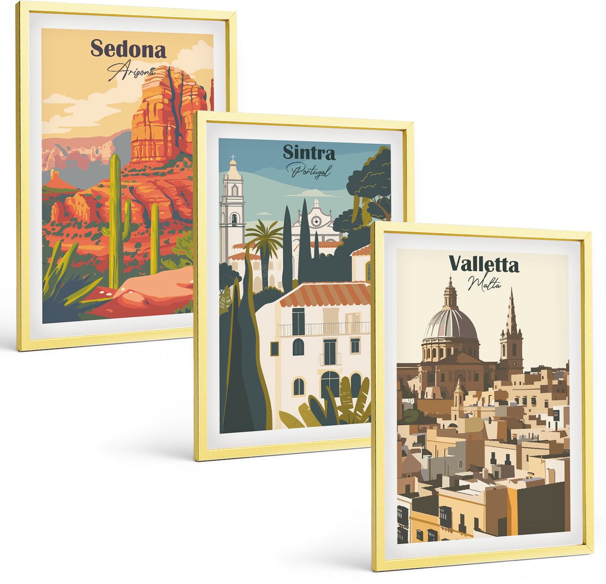 TULUP 4-Delige Schilderij Set - Stadsgezichten in retrostijl van Sedona, Sintra en Valletta - 40 x 60 cm - Wanddecoratie - Schilderijen Set - Kantoor Gouden lijst