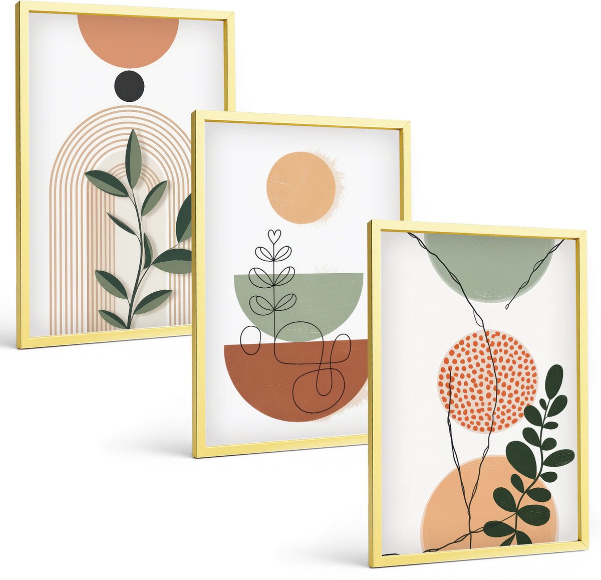 TULUP 4-Delige Schilderij Set - Abstracte vormen met kleurrijke plantmotieven - 40 x 60 cm - Wanddecoratie - Moderne Interieurdecoratie - Muurdecoratie Gouden lijst