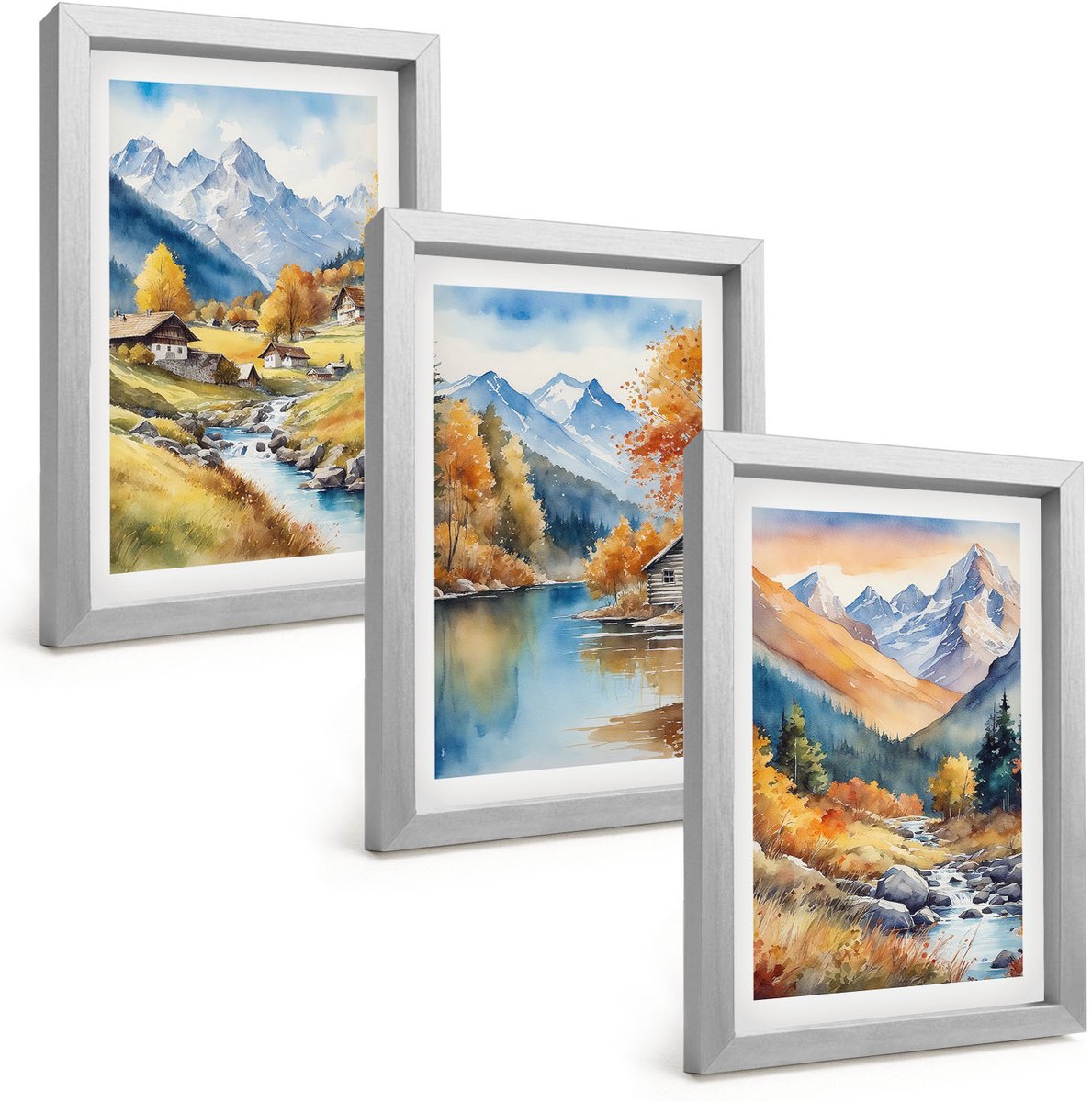 Tulup 4-Delige Schilderij Set - Geschilderde herfstbergen met een rivier en huisjes - 20 x 30 cm - Decoratieve Schilderijen - Woonkamer - Interieur - Stijlvolle Muurdecoratie