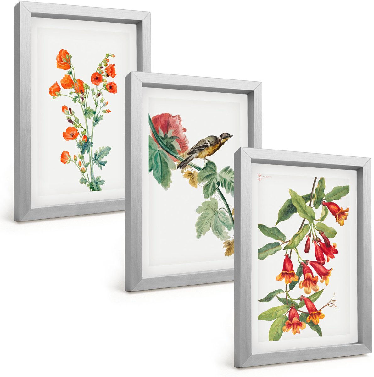 Tulup 4-Delige Schilderij Set - Geschilderde retro bloemen en een vogel op een tak - 20 x 30 cm - Wanddecoratie - Muurdecoratie - Woonkamer
