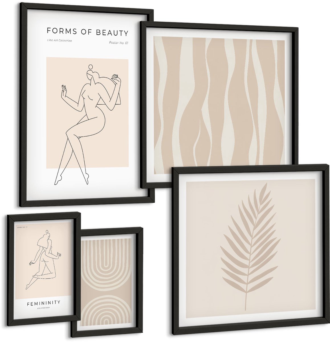 Tulup 4-Delige Schilderij Set - Vormen van schoonheid: minimalistische motieven en decoratieve lijnen - 50 x 50 cm, 20 x 30 cm en 40 x 60 cm - Muurdecoratie - Interieur Decoratie - Woonkamer Decoratie