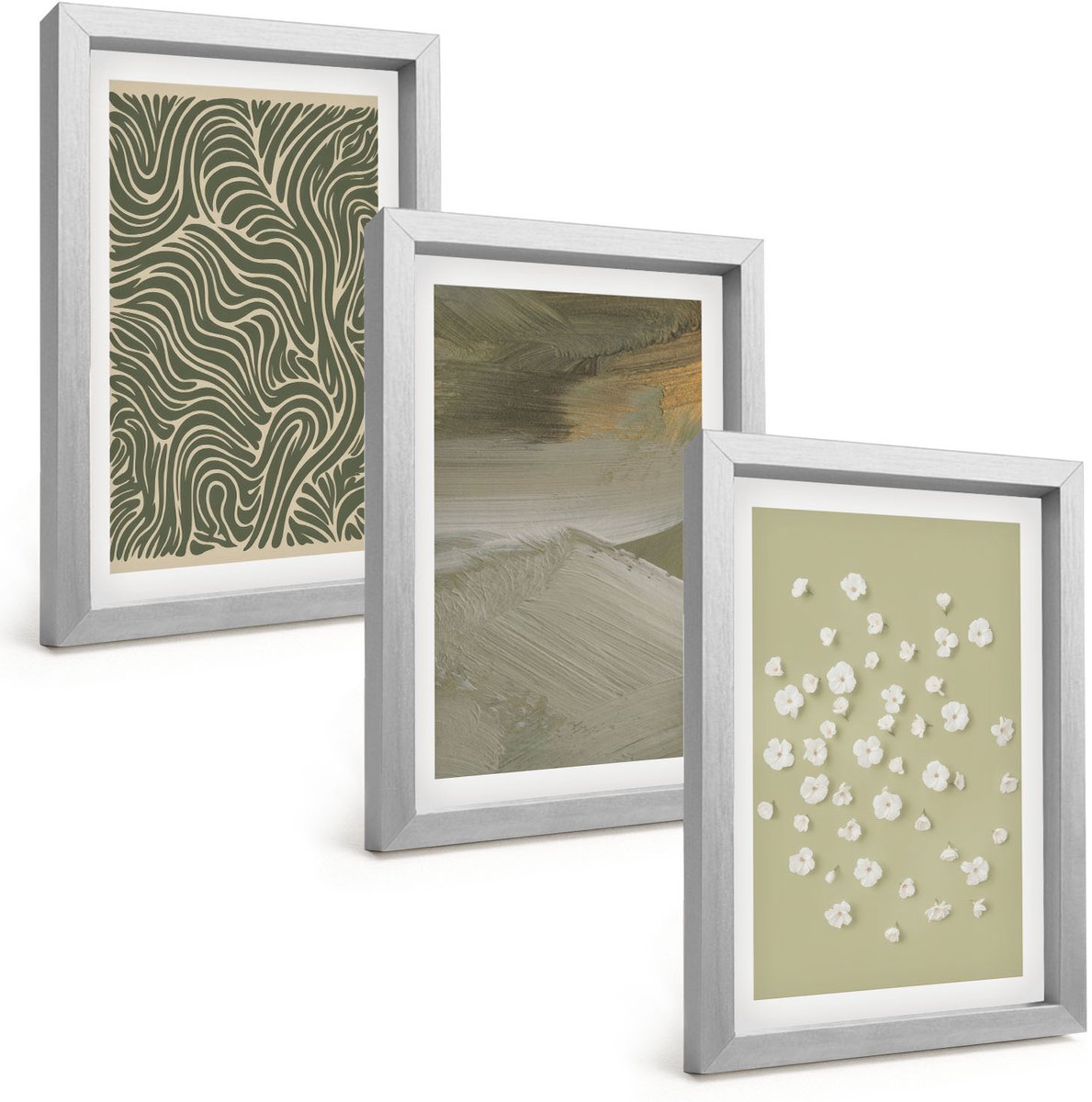 TULUP 4-Delige Schilderij Set - Golvende en abstracte patronen met boho-bloemen - 20 x 30 cm - Stijlvolle Muurdecoratie - Slaapkamer Zilveren lijst