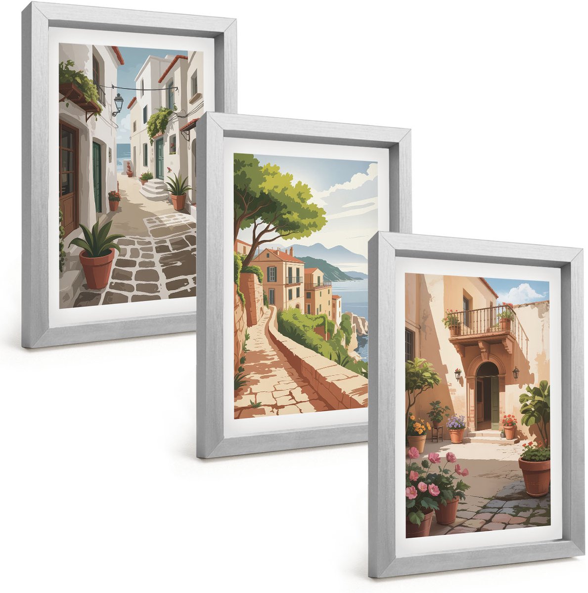 Tulup 4-Delige Schilderij Set - Schilderachtige straatjes met huizen en potplanten. - 20 x 30 cm - Wanddecoratie - Moderne Interieurdecoratie - Stijlvolle Muurdecoratie