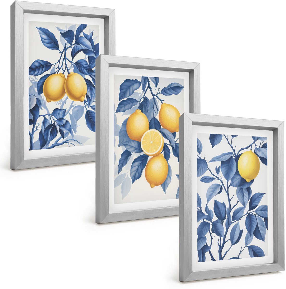 Tulup 4-Delige Schilderij Set - Citroenen aan takken met blauwe bladeren - 20 x 30 cm - Wanddecoratie - Moderne Interieurdecoratie - Woonkamer Decoratie