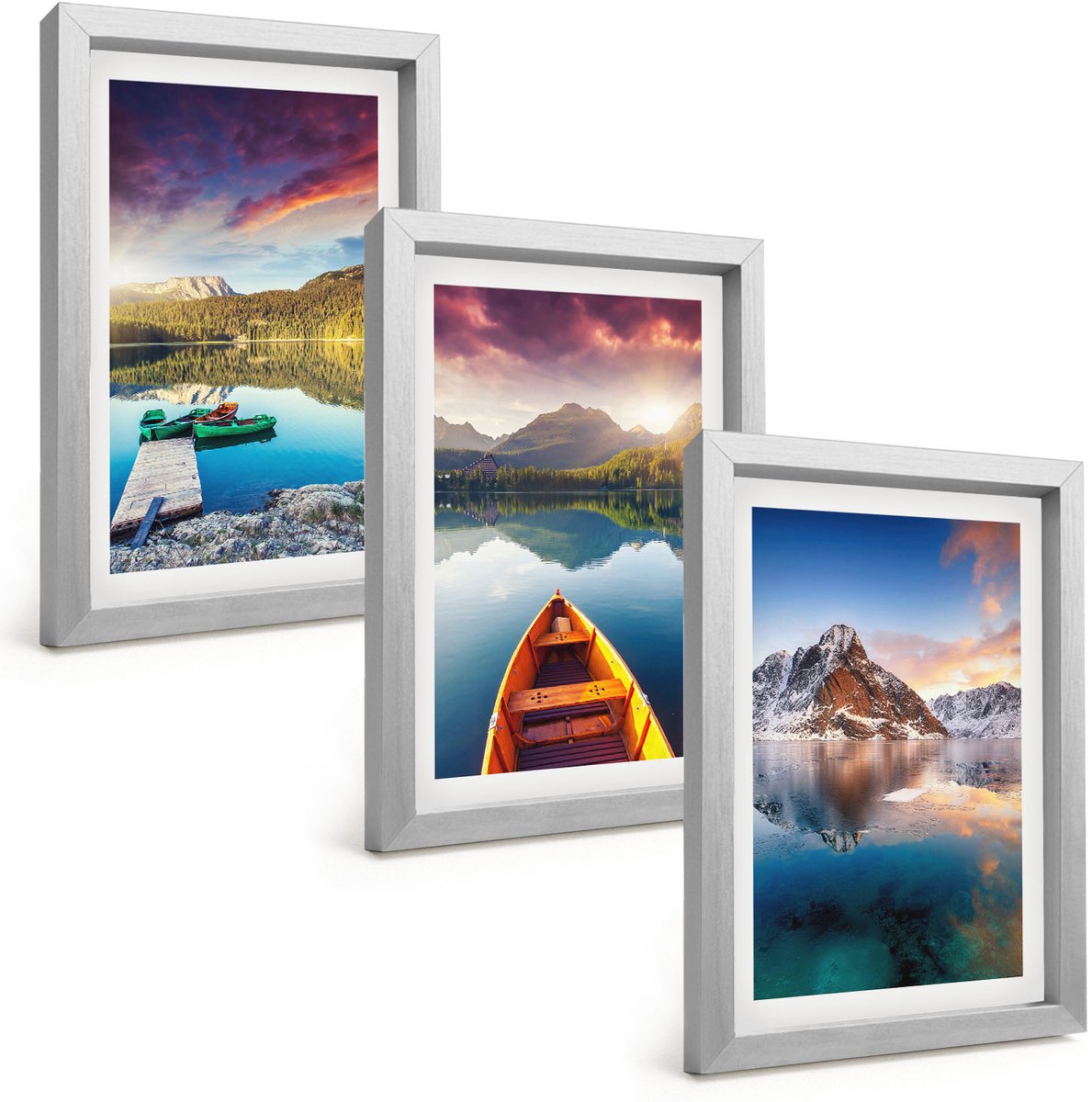 Tulup 4-Delige Schilderij Set - Rustige meren met berglandschap en boot - 20 x 30 cm - Muurdecoratie - Wanddecoratie - Hal - Woonkamer Decoratie