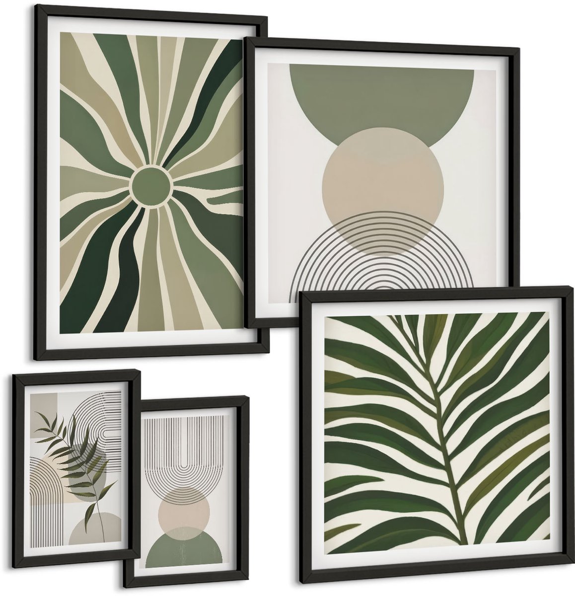 Tulup 4-Delige Schilderij Set - Stijlvolle afbeeldingen in groene tinten met plantaardige en geometrische motieven. - 50 x 50 cm, 20 x 30 cm en 40 x 60 cm - Decoratieve Schilderijen - Woonkamer - Interieur - Stijlvolle Muurdecoratie